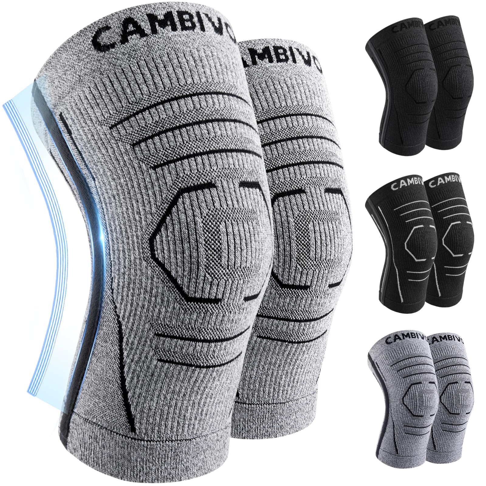 CAMBIVO Kniebandage Männer Damen 2 Stück, Komprimierte Bandage Knie, Knee Support mit Seitenstabilisatoren zur Linderung von Knieschmerzen, Arthrose Knie, Meniskus und Kraftsport