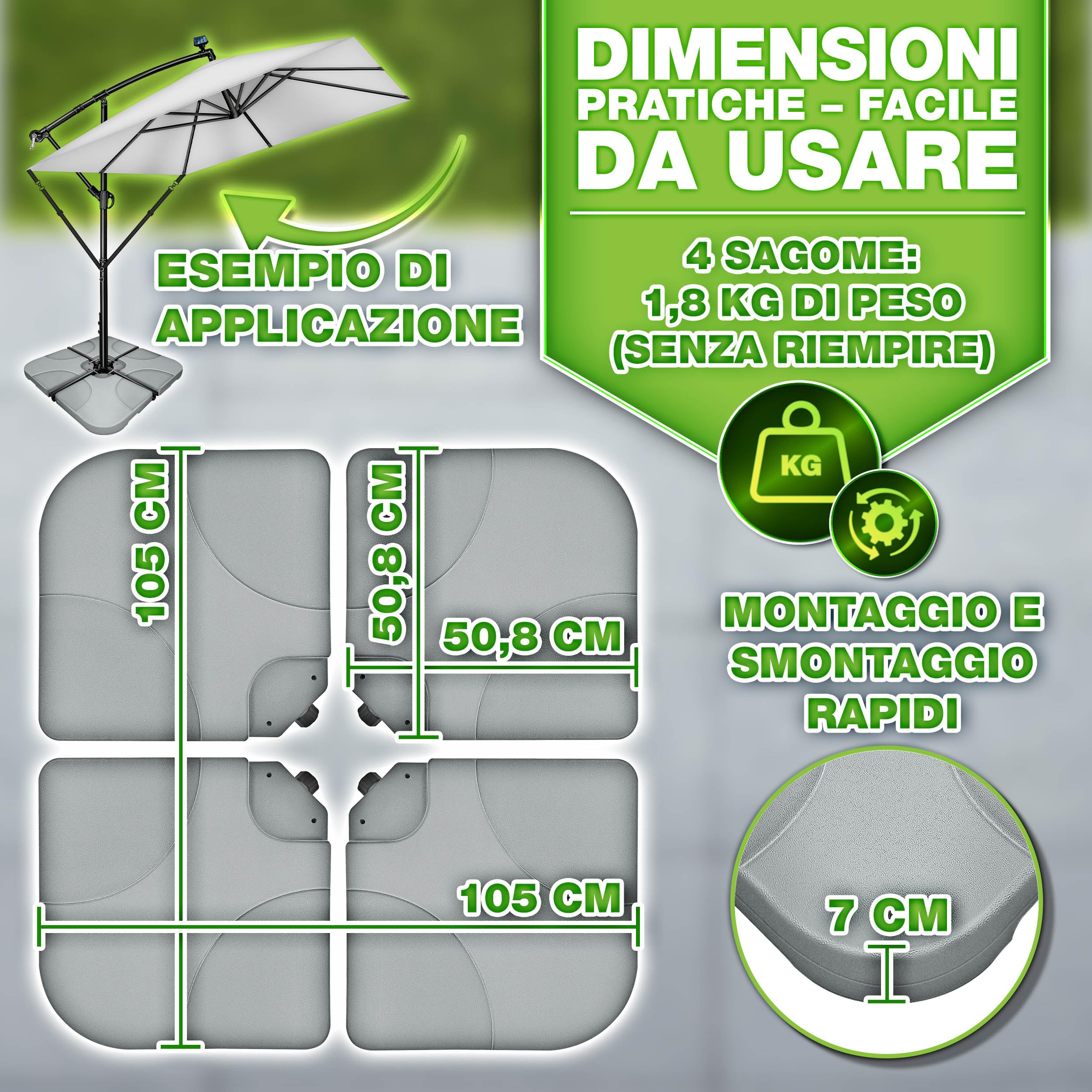tillvex® Base per Ombrellone 90 Litri / 120 kg – 4 Pezzi per Ombrellone Decentrato con Connettore Metallico | Porta Ombrelloni Riempibile con Acqua o Sabbia | Supporto Ombrellone (Grigio)