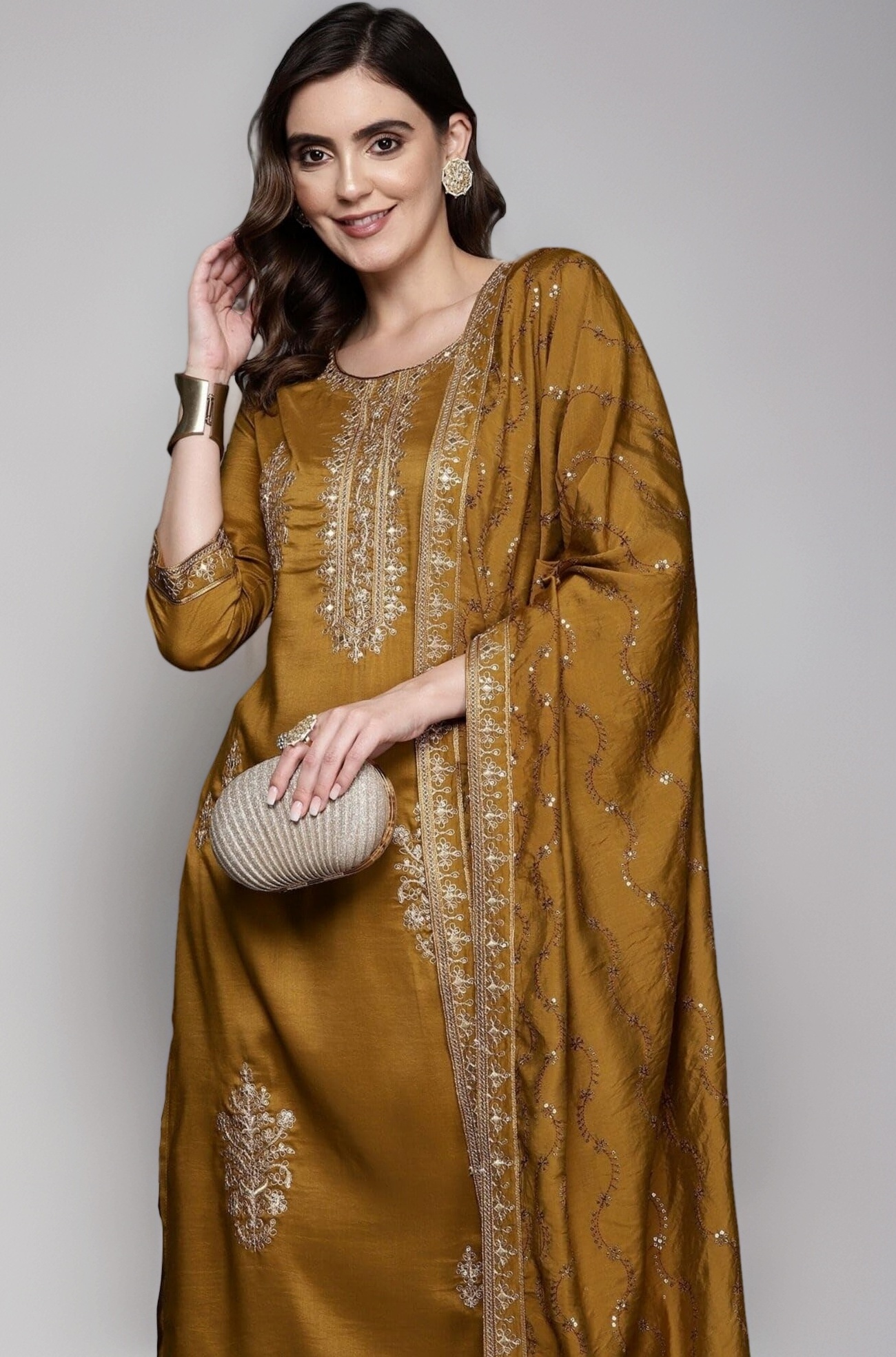 INDO ERA Women's Cotton Blend Embroidered Straight Kurta & Pant with Dupatta Set