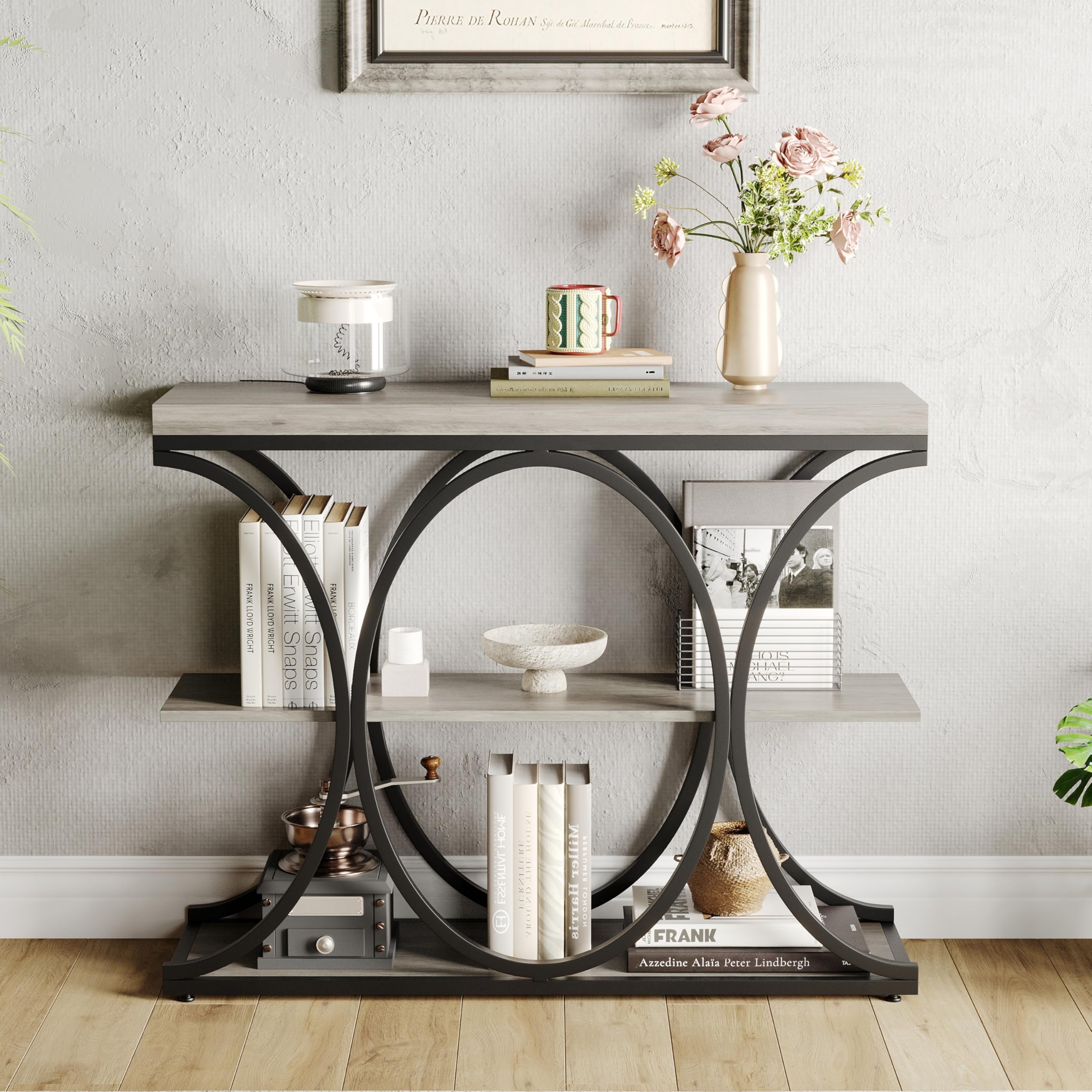 Console étroite 3 Niveaux, 39" (env. 99 cm), Style Farmhouse – Table d’entrée/Console derrière canapé – Étagères Ouvertes, Plateau Bois d’ingénierie, Pieds métal géométriques – Couleur :