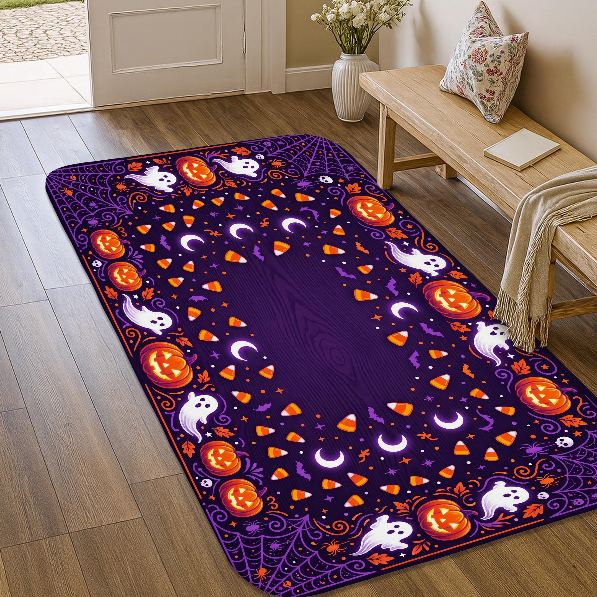 Alfombra de Halloween de 3x5 pies con fantasmas y calabazas violeta