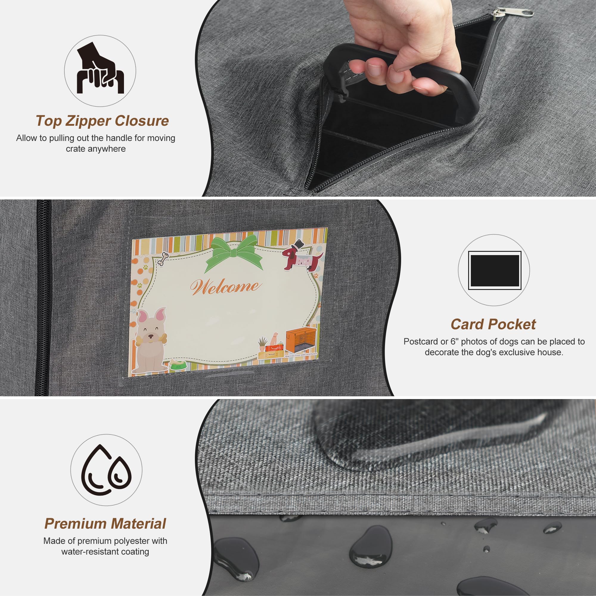 HiCaptain 48 inch Dog Crate Cover with Card Pocket, Durable Polyester Windproof Pet Kennel Cover Universal Fit for 1 or 2 Doors Standard Wire Crate (Grey)