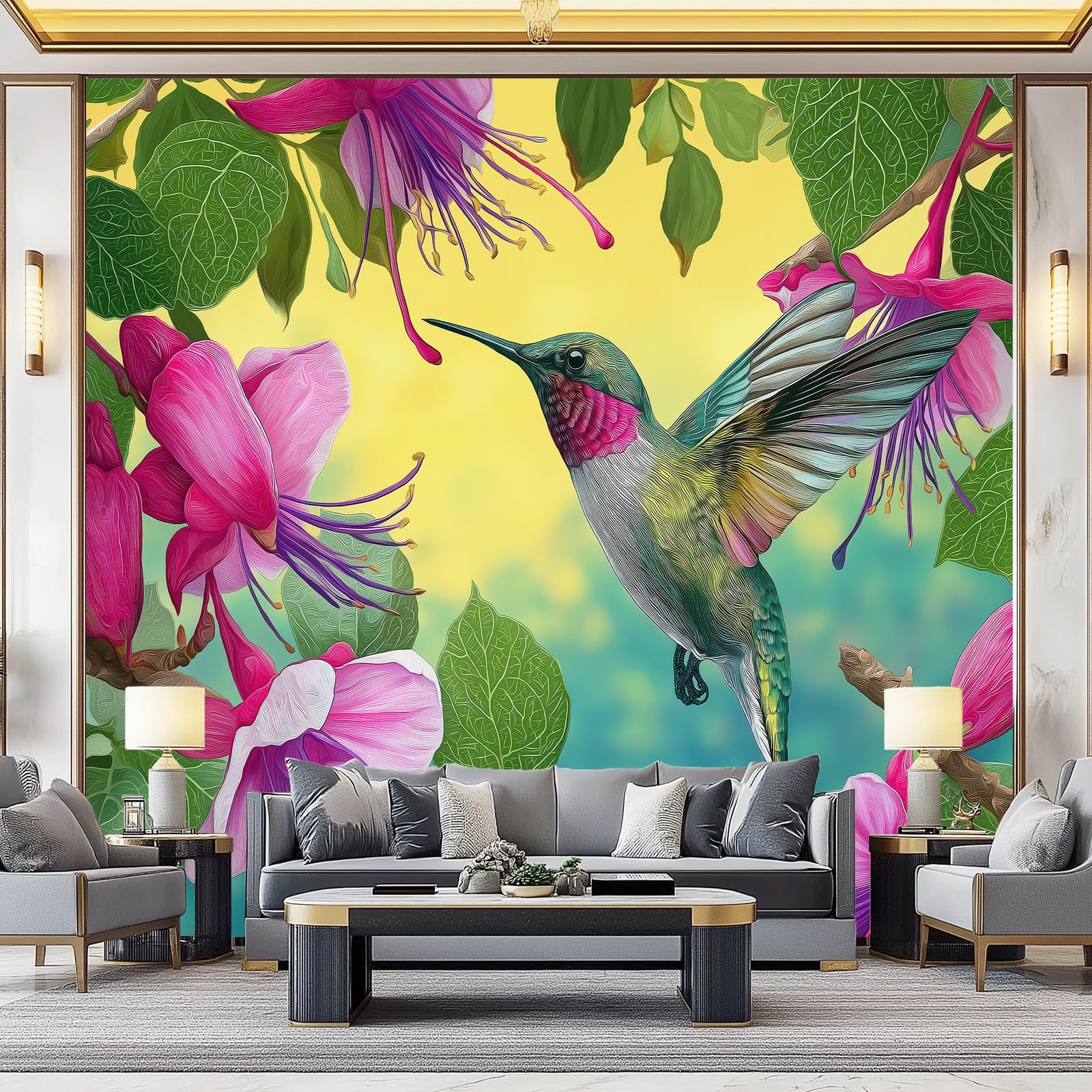 Papier peint panoramique salon chambre oiseaux colibris fleurs feuilles poster mural 250x175