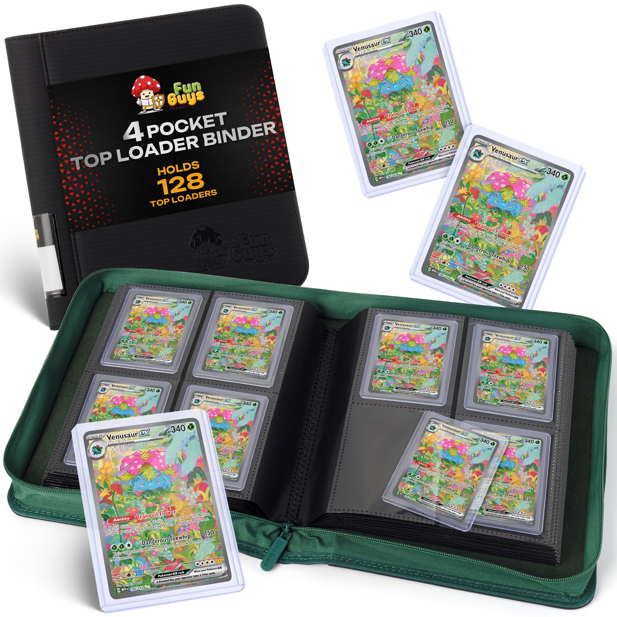 FunGuys Toploader Binder – 4 Pocket Trading Card Binder for 128 Top Loaders, Pokemon Card Binder, MTG, Yugioh, Sports Cards, TCG Storage Album, Zipper Card Collector Folder