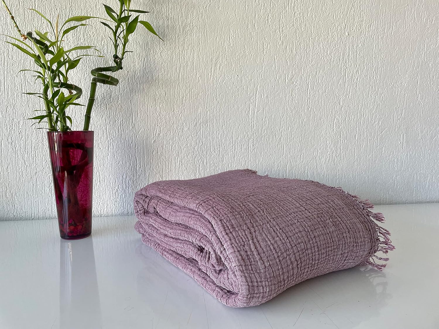 Muslin Blanket 100% Cotton, 4 Layers Bedspread, Soft Turkish Cotton Muslin Bed Cover, Reversible Coverlet, Plum (Full/Queen Size 91x95 - (230x240cm))
