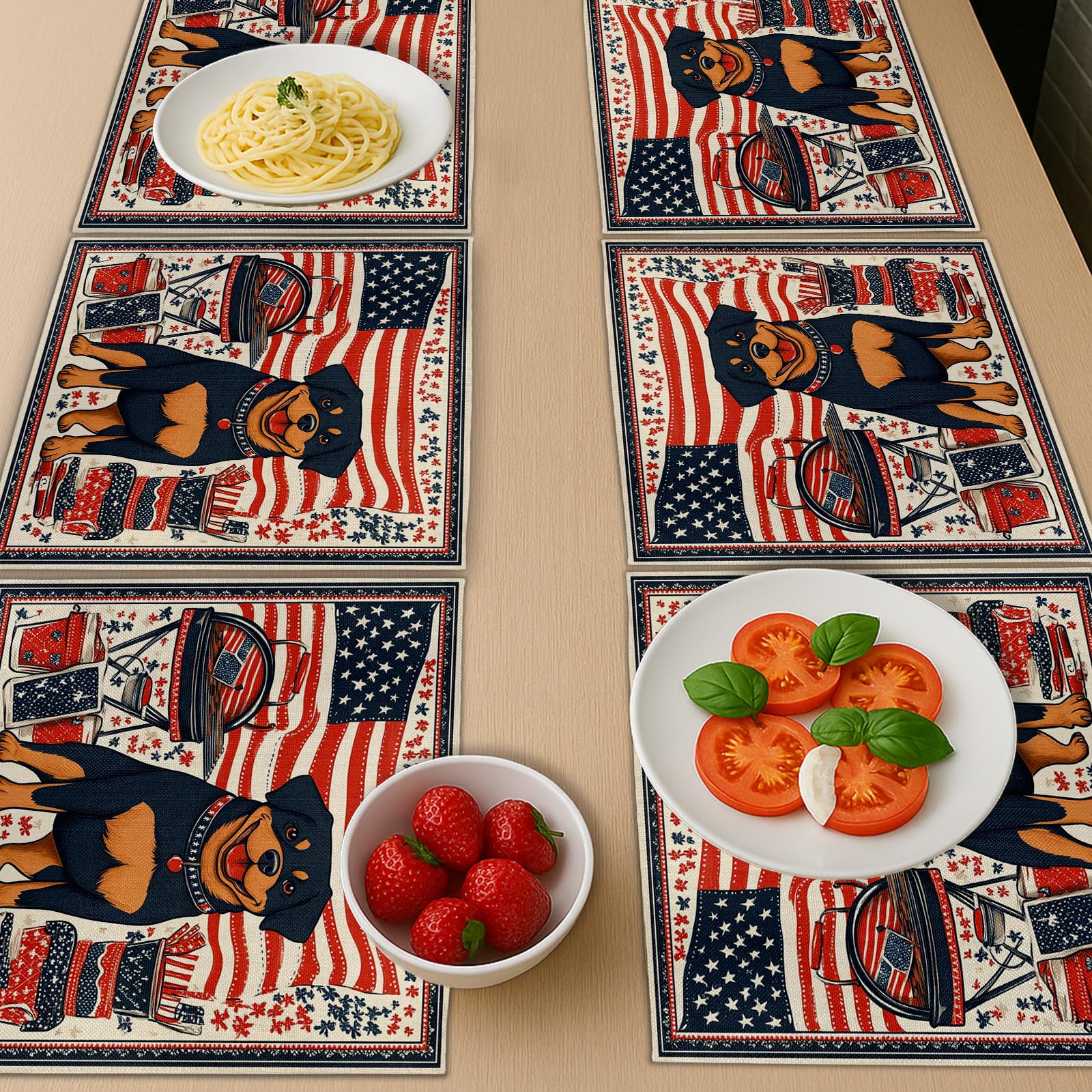 6er-Set patriotische Tischsets mit amerikanischer Flagge und Hundemotiv,