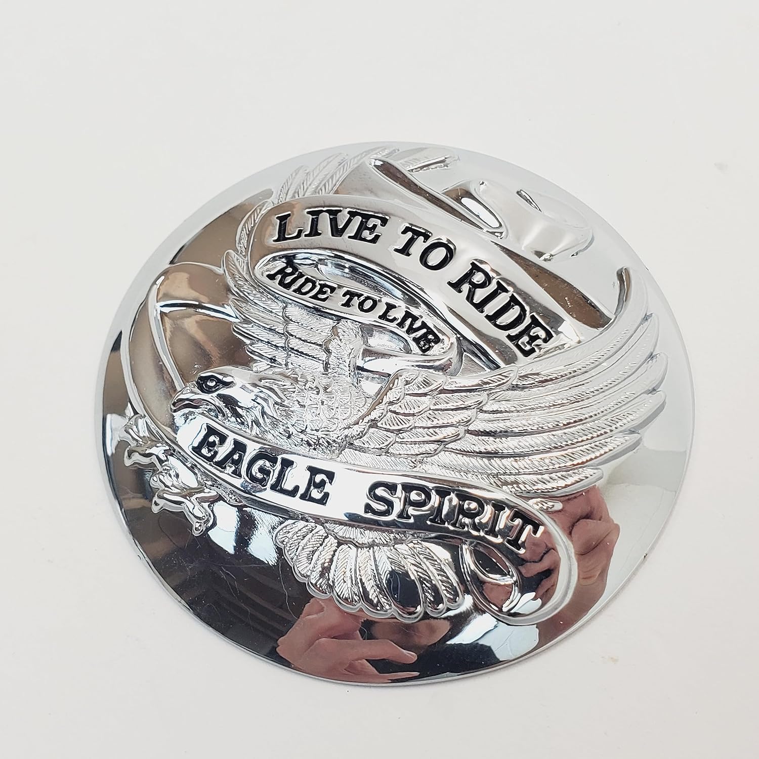 “Live to Ride, Ride to Live” Eagle Spirit Chrome Domed Gas Cap Covers with Adhesive Backing for 1973-2023 OE Style Harley Gas Caps (SOLD AS A PAIR - Left & Right) 2-7/8” Diameter