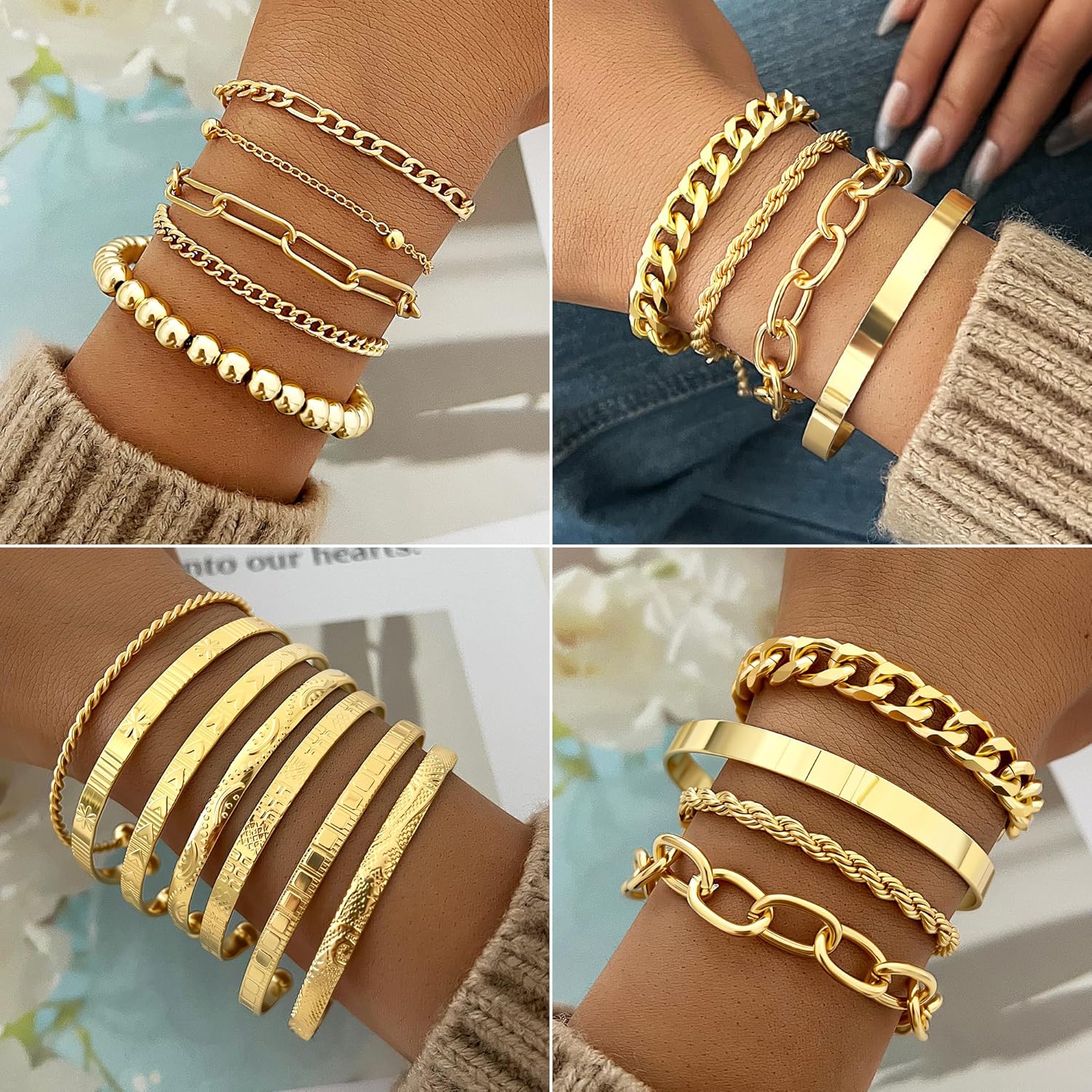 FAXHION 68 Pcs Gold Jewelry Set for Women with 7 Necklace, 17 Bracelet, 5 Hoop Earrings, 15 Stud Earrings, 24 Knuckle Rings for Women Jewelry Set for Women - Image 3