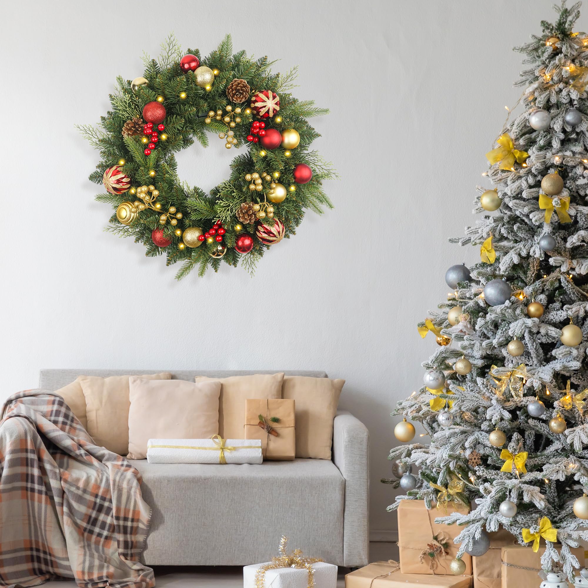 Weihnachtskranz Vorbeleuchtet 61.0 cm mit 50 Licht & Rotgold Kugel Tannenzapfen, Künstliche Weihnachtskränze für Haustür mit Lichtern, Kranz für Weihnachtsdekoration, Tür, Fenster, Wand, Grün