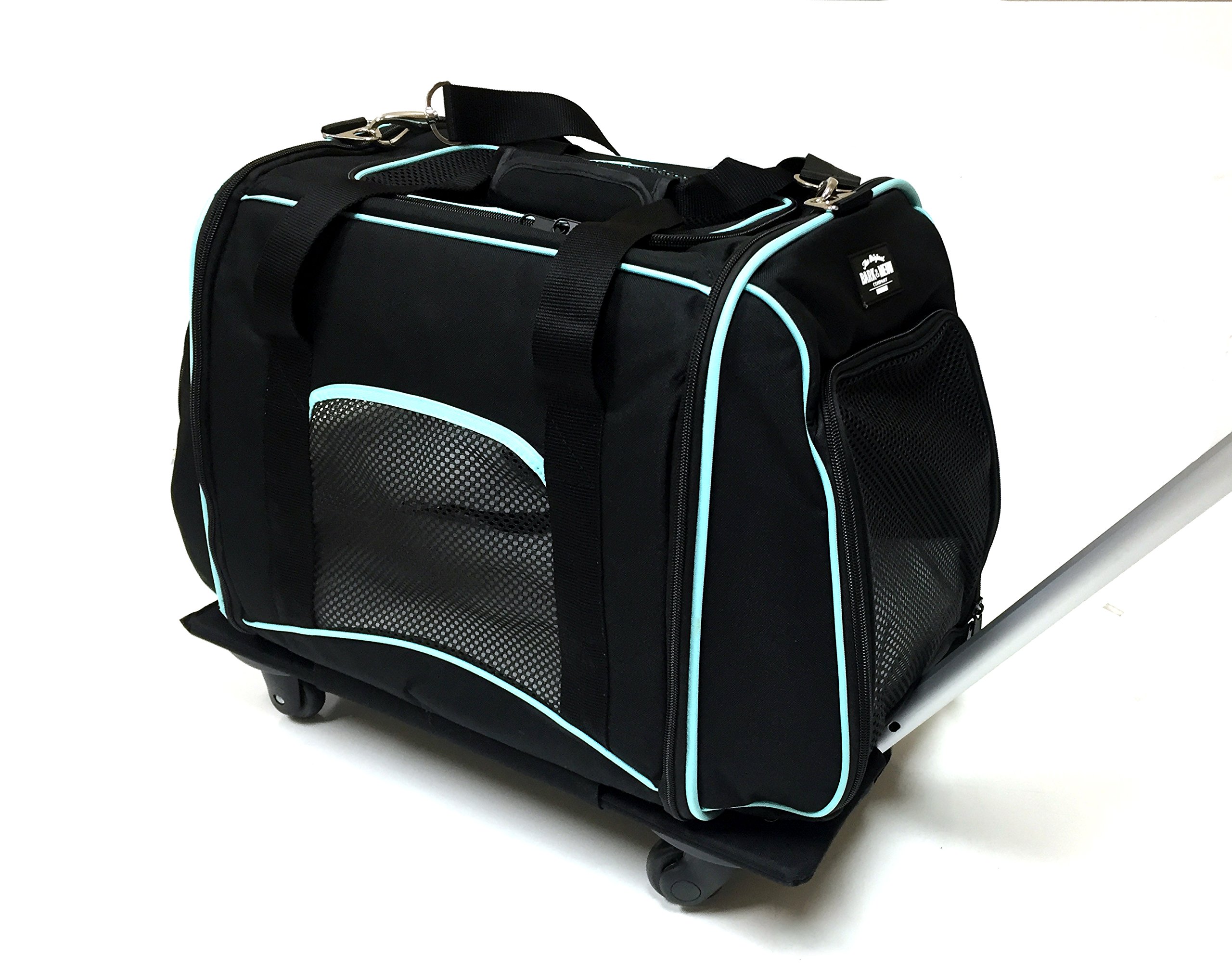 Bark and Meow Premium Pet Travel Tote Carrier Bag with Detachable Roller System and Silicone Pet Bowl for Dog and Cat (Black/Aqua)