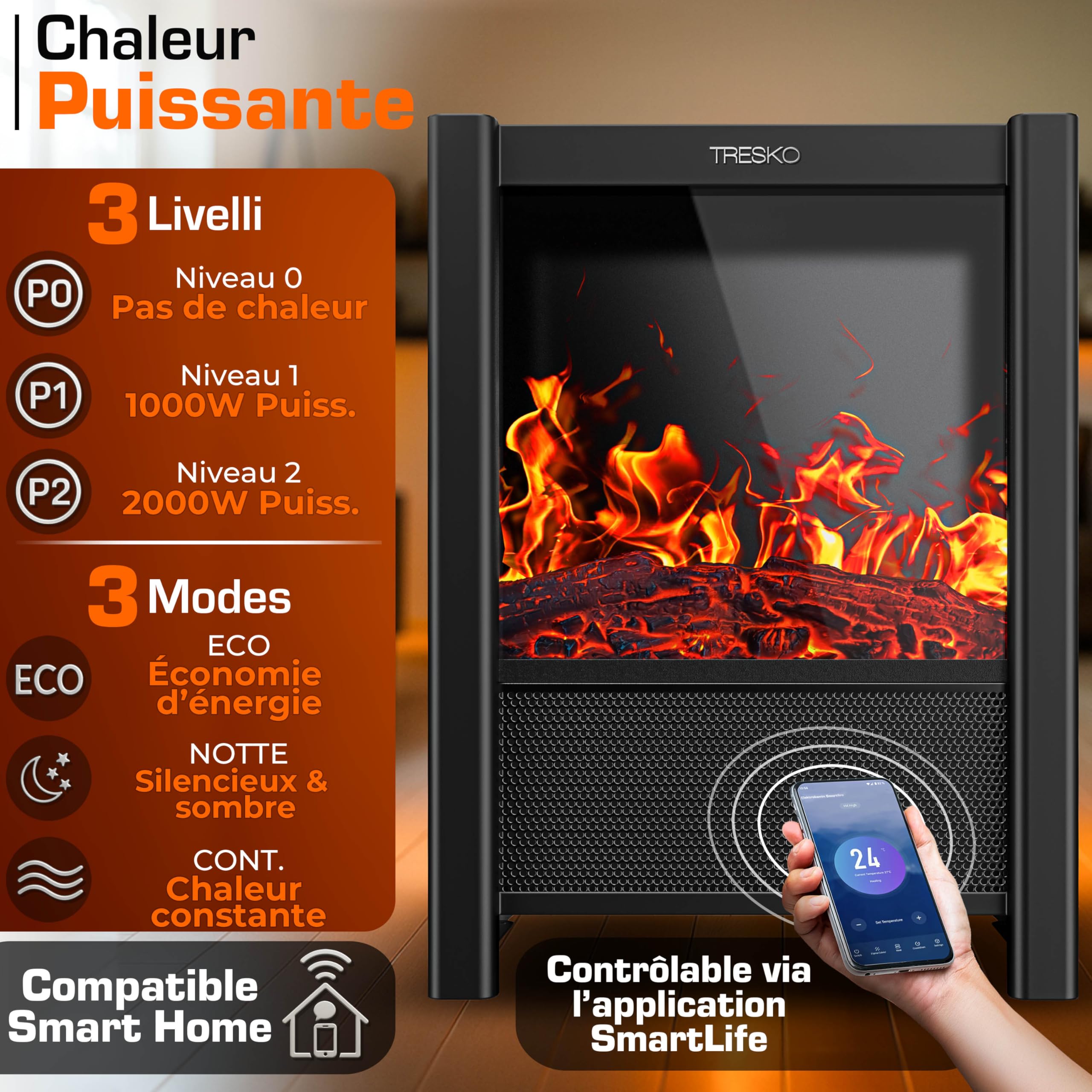 TRESKO® Cheminée électrique 2000W, Maison Intelligente WiFi app & télécommande | Poêle électrique Effet Flamme LED & écran LCD | Foyer électrique avec Thermostat | Chauffage soufflant minuterie
