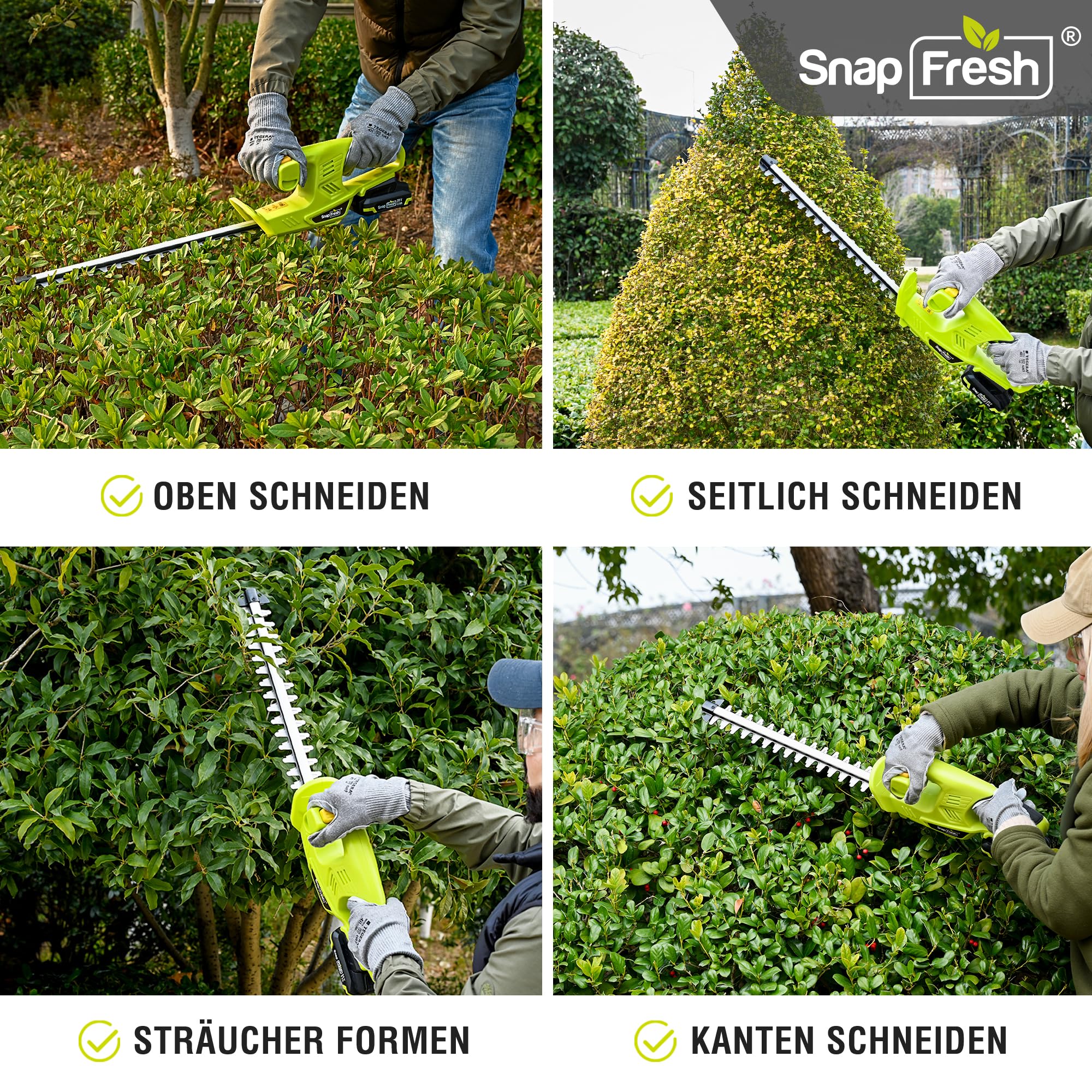 SnapFresh Akku-Heckenschere 20V, 45 cmSchnittlänge, Heckenschneider mit 2800SPM Doppelmesser aus Mn65 Stahl, Leichte Heckenschere für Hecken, Sträucher & Gartenarbeit, 2,0Ah Akku & Ladegerät Inklusive