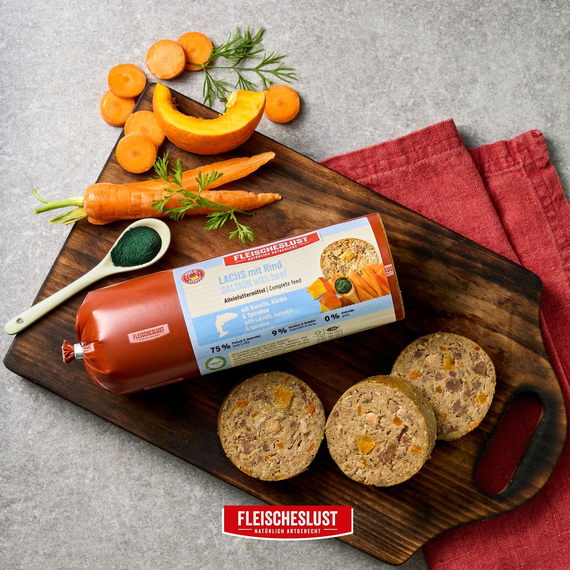 Fleischeslust Salchicha para perros, salmón y ternera con zanahoria, calabaza y espirulina, caja de alimentos (6 x 800 g), comida húmeda, resistente a los cortes, sin cereales, pienso completo para