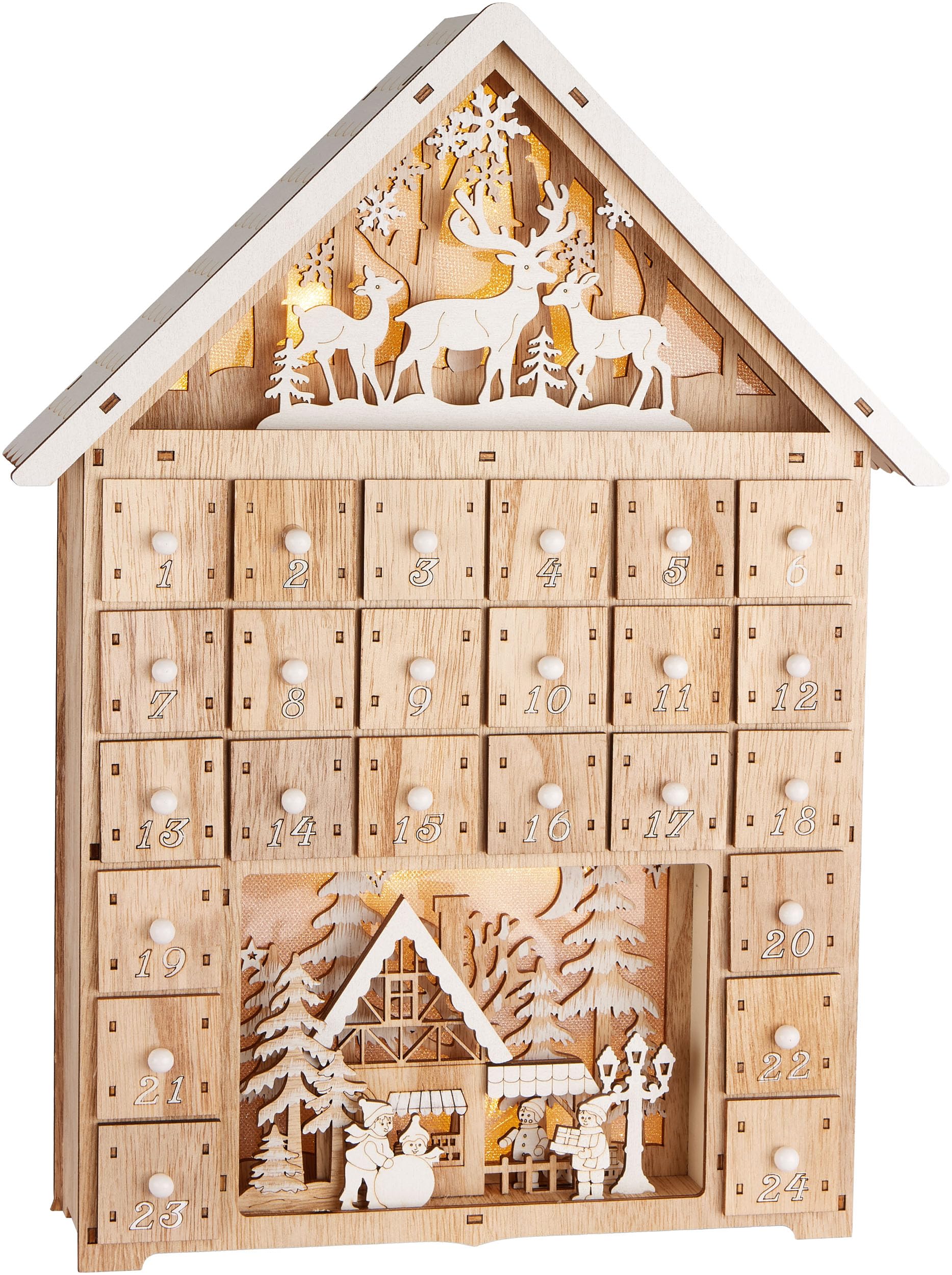 BRUBAKER Adventskalender zum Befüllen - Weihnachtshaus 2026 | Weihnachtskalender aus Holz mit LED Beleuchtung - Rentiere im Wald, Schnee Dorf mit Kindern - 40 cm Haus Kalender Beleuchtet
