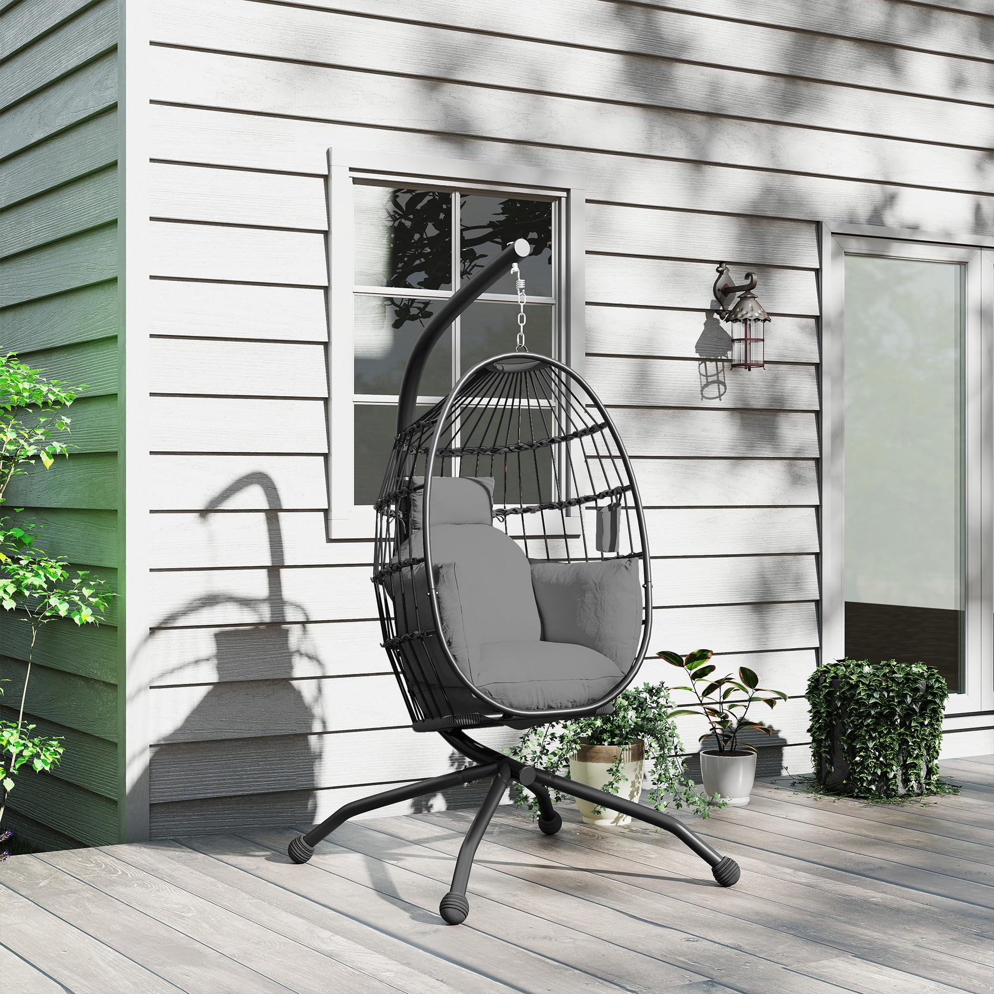 Outsunny Silla Colgante Huevo con Soporte Columpio Jardín Exterior con Cesta Plegable Cojín y Reposacabezas Portavaso Columpio Colgante para Interior y Exterior Carga 120 kg Negro