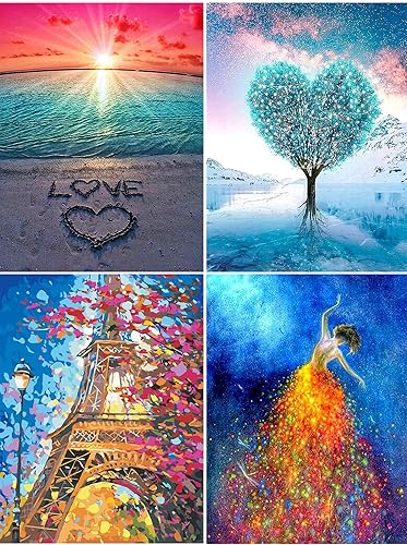 Miniatura 9 de VeGuude Pintura por números para adultos y niños principiantes, paquete de 4 kits de pintura por números en lienzo, sin marco, pintura al óleo de