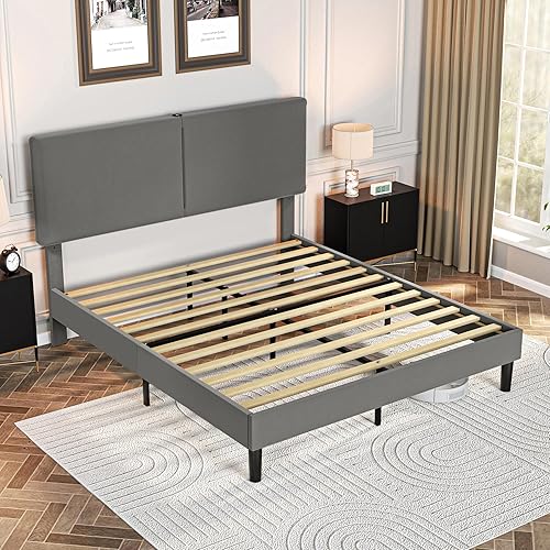 Miniatura 30 de VECELO Base de cama de tamaño matrimonial, plataforma tapizada con cabecera ajustable en altura, soporte de listones de madera, espacio debajo de la