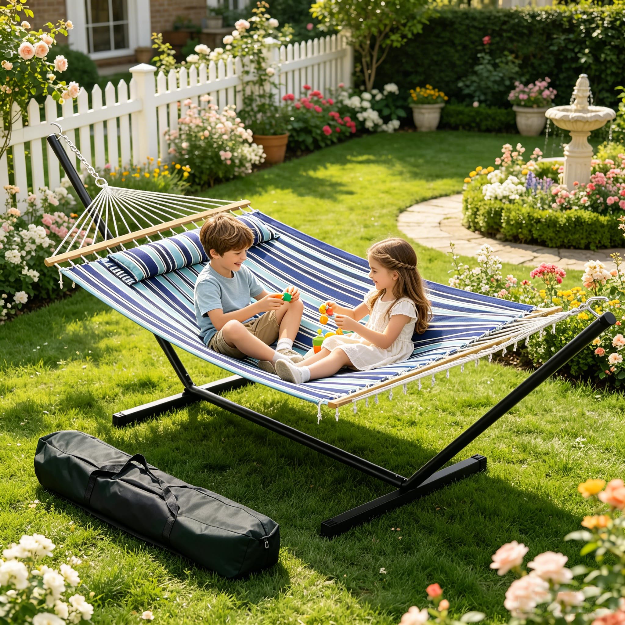 Doppelhängematte Mit Gestell, Belastbar Bis 215kg, Wetterfeste Gartenhängematte Mit Kissen & Tragetasche, 3-Fach Gedrehte Seile, Hängematte Für Garten, Terrasse, Camping & Strand
