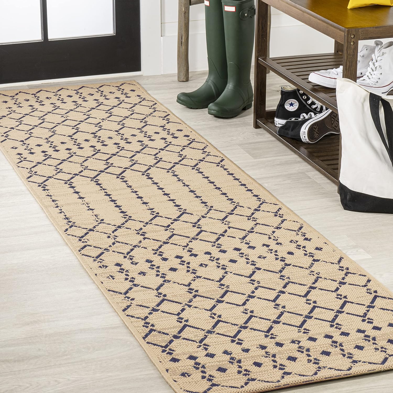 jonathan y smb108h-28 ourika moroccan geometric textured weave indoor outdoor area rug, bohemian coastal traditional easy cleaning,bedroom,kitchen,backyard,patio,non shedding, 2 x 8, beige/navy beige/navy 2 x 8