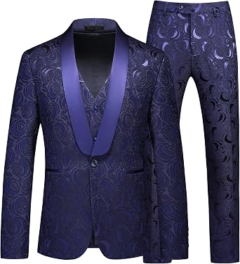MOGU Suits for Men, Floral Tuxedo Set with Shawl Lapel, 1-Button Blazer, Vest & Elastic Waist Pants, 3-Piece