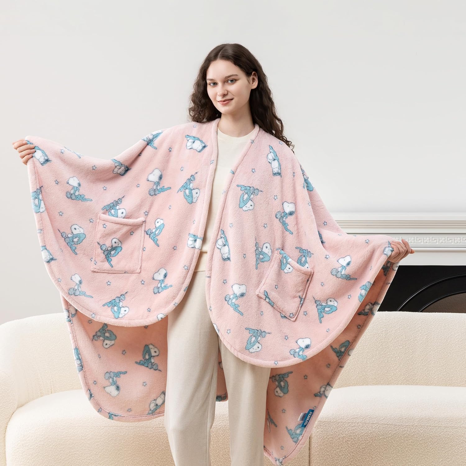 Berkshire Peanuts® Wearable Throw – Snoopy Print PrimaLush™ Plush Shawl Blanket, 58" x 64" - Image 2