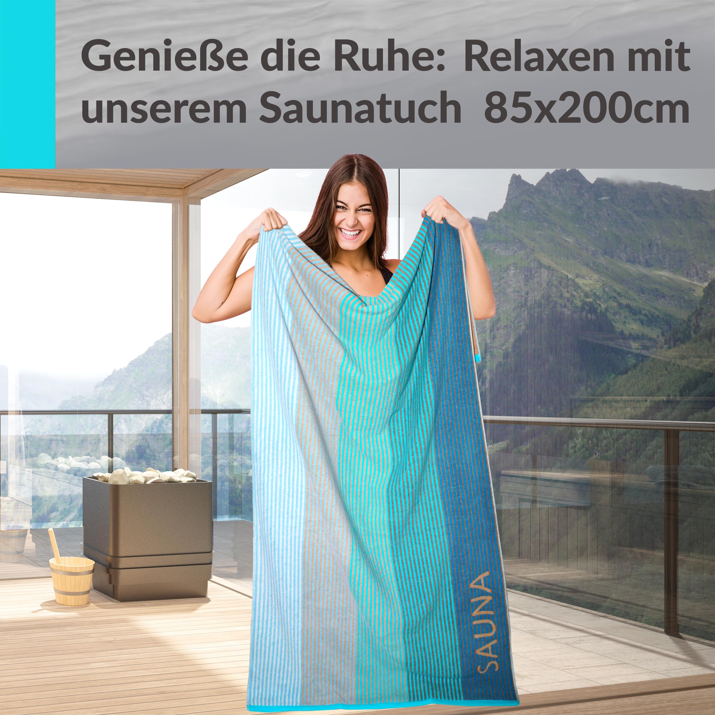 Lashuma Saunatuch Blau - Türkis, Helsinki großes Handtuch für die Sauna, XXL Badetuch aus 100% Baumwolle 85x200 cm