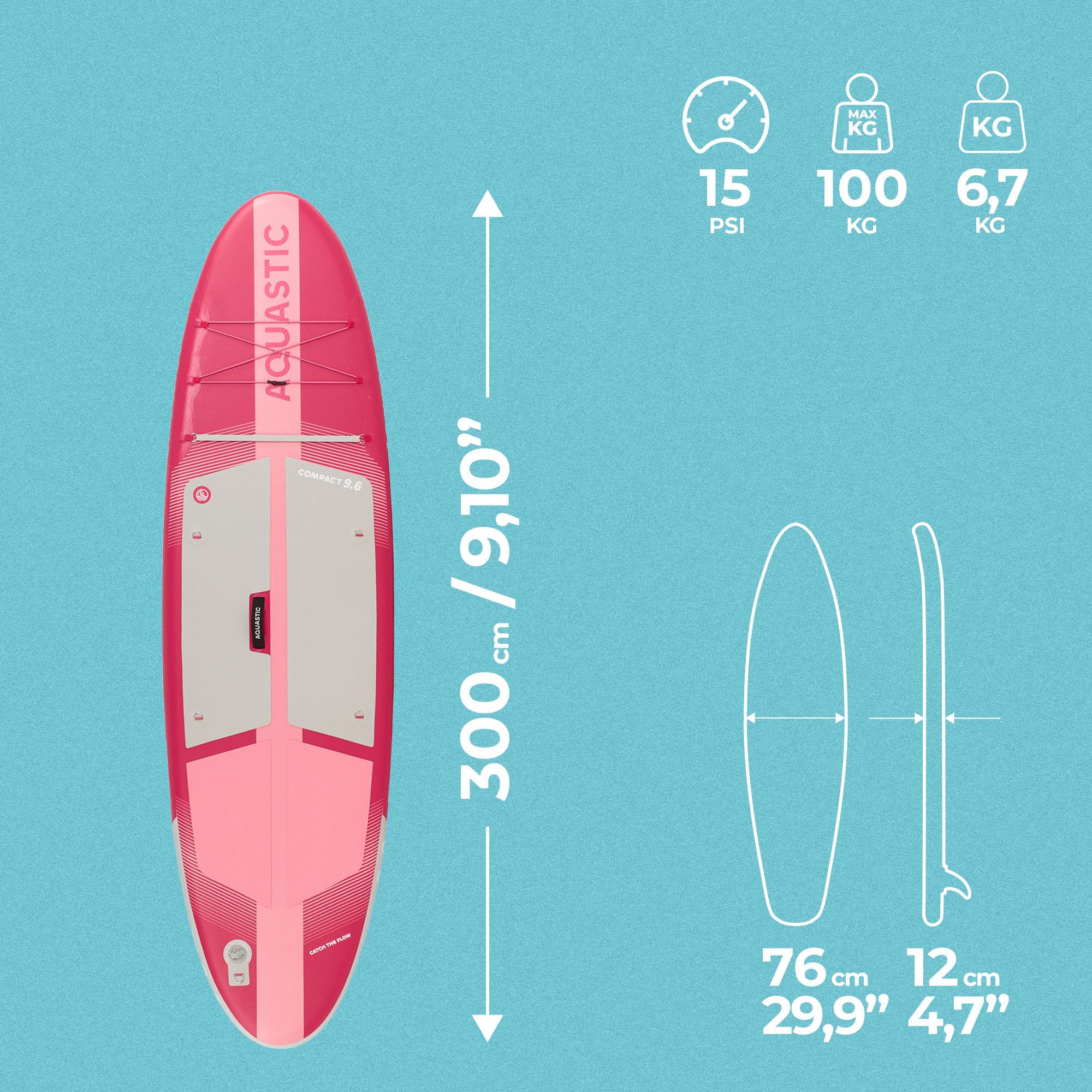 AQUASTIC Compact 220 l - Planche Sup légère/Kayak Drop Stitch Ultra, Stringer, 290 x 79 x 12 cm, déplacement de 220 l, Anneaux en D, Cargo, ballasts, Sac à Dos, Pompe, Leash, Rose
