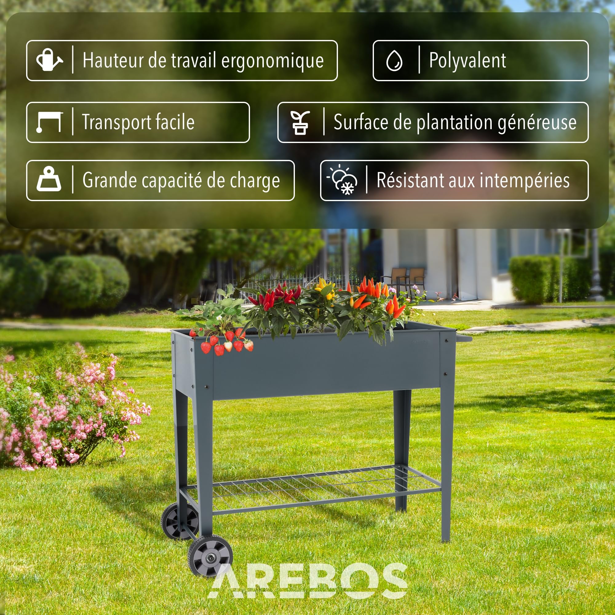 AREBOS Jardinière Surélevée avec roulettes et Tablette 108×51×80 cm | Bac de Culture pour Jardin, Terrasse ou Balcon | Idéale pour Légumes, Fruits et Herbes Aromatiques