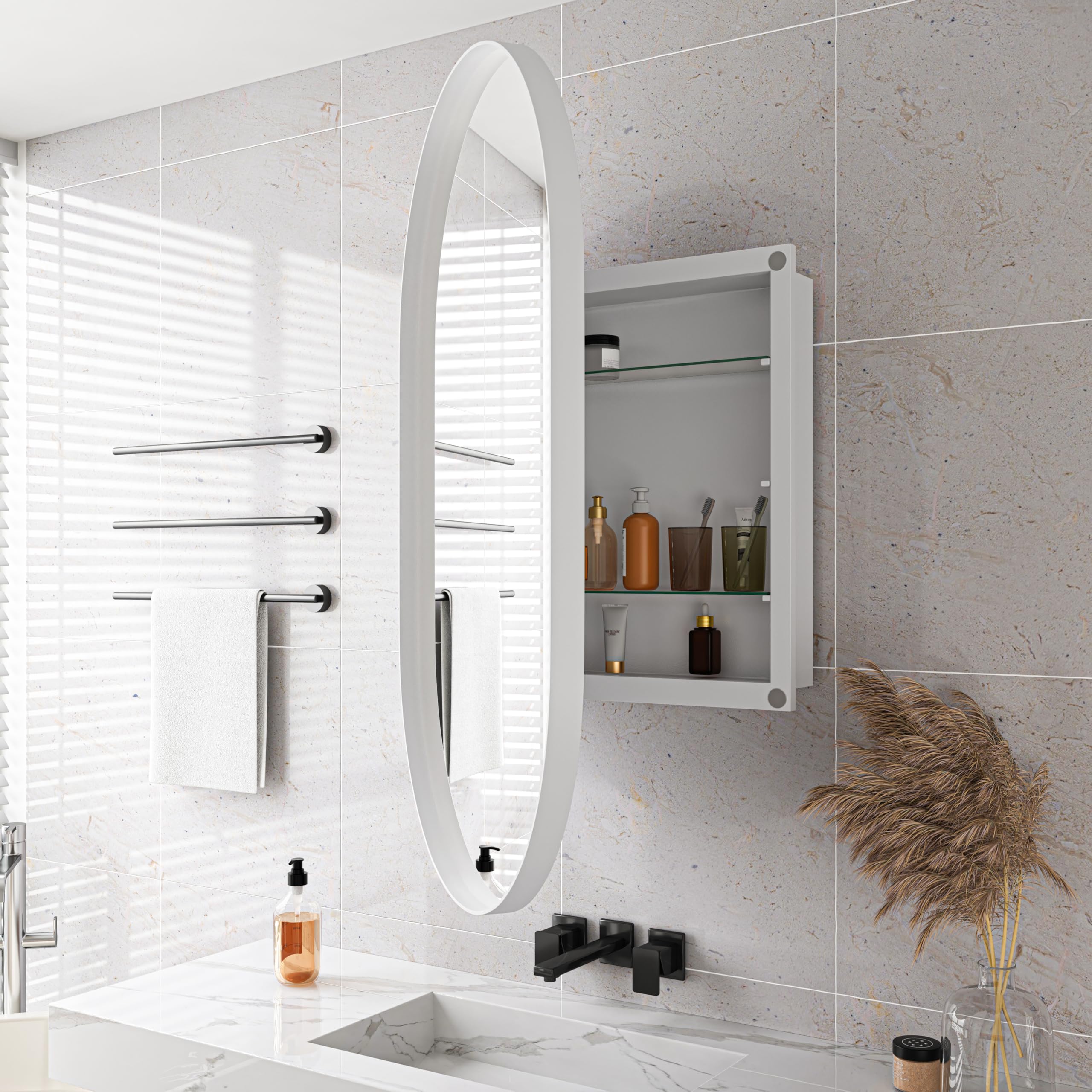 Mobile Specchio Ovale con Metallo, Armadietto da Incasso con Ripiani Regolabili e Cornice in Metallo, Specchio con Contenitore da Parete, Bianco, 85 x 51.5 x 12 cm