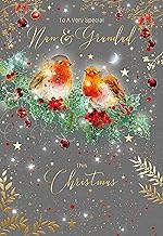 Cherry Orchard Nan and Grandad Christmas Card, from, Artistic design with Two little Robins, from the Gorgeous Grace Range. Comes complete with gold envelope.