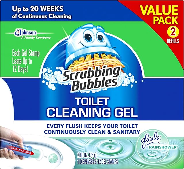 Scrubbing Bubbles Toilet Bowl Cleaning Gel Starter Kit, Includes Dispenser and Gel, Glade Rainshower Scent,12 Total Stamps