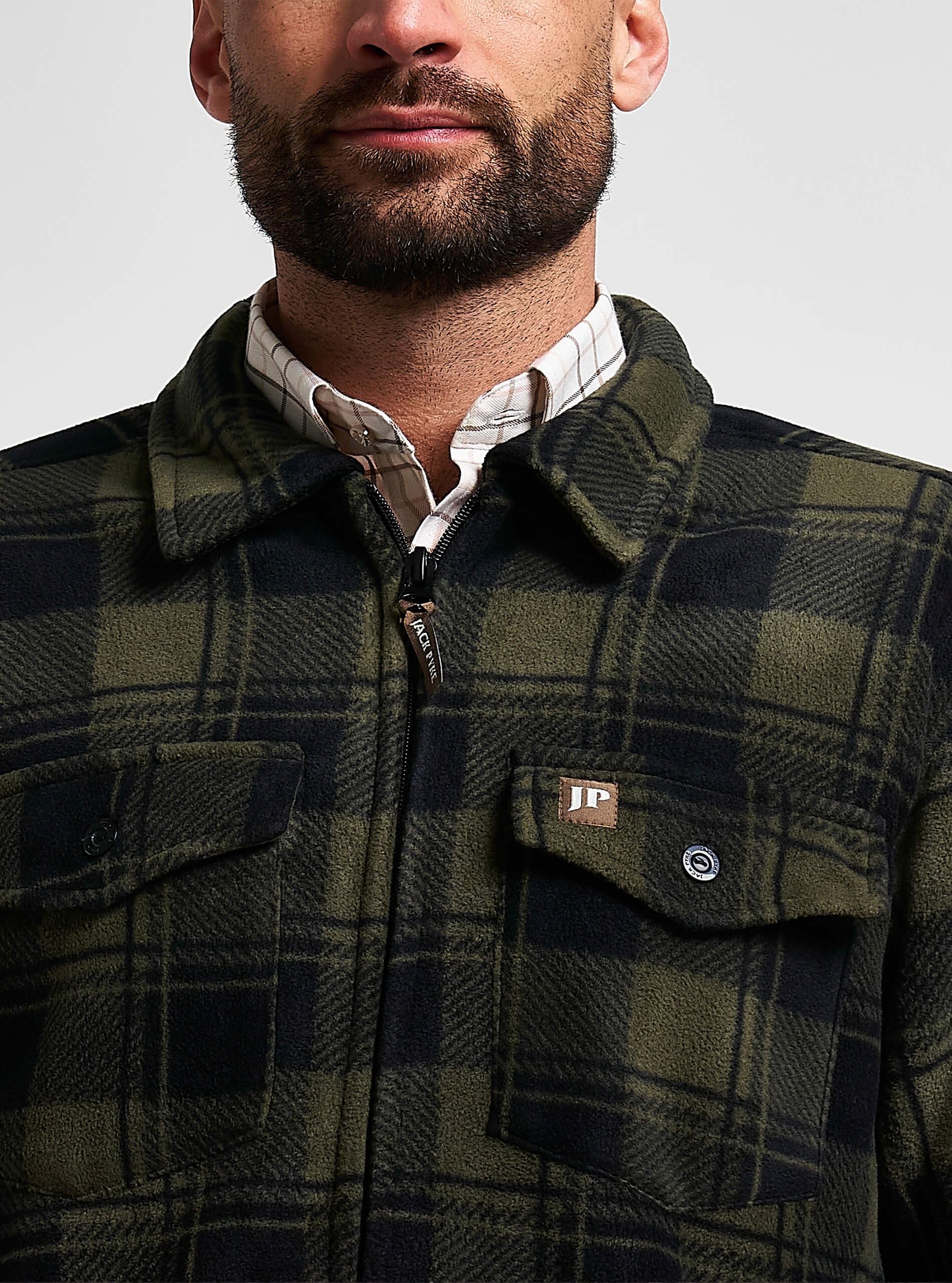 JACK PYKE Camicia tundra da uomo – Camicia a maniche lunghe in flanella a quadri con cerniera e fodera in pile, colletto rovesciato, multi tasche, polsini con bottoni per tiro o abbigliamento casual