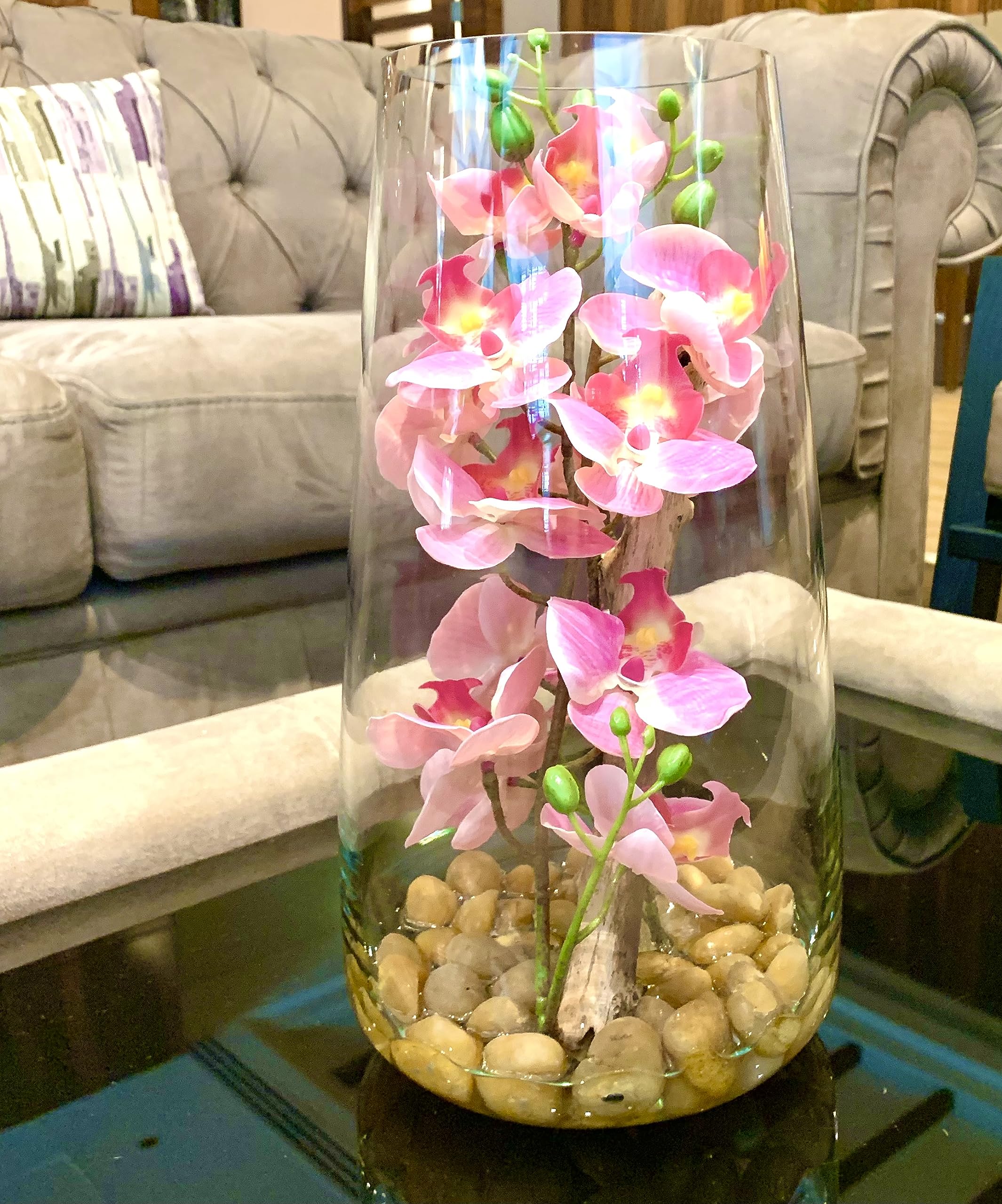 SMArtDecor LLC - Glass vase 11x16x30cm with Pink Artificial orchids set in realist water using resin set with natrual pepples. The orchids are climbing natural driftwood (Pink)