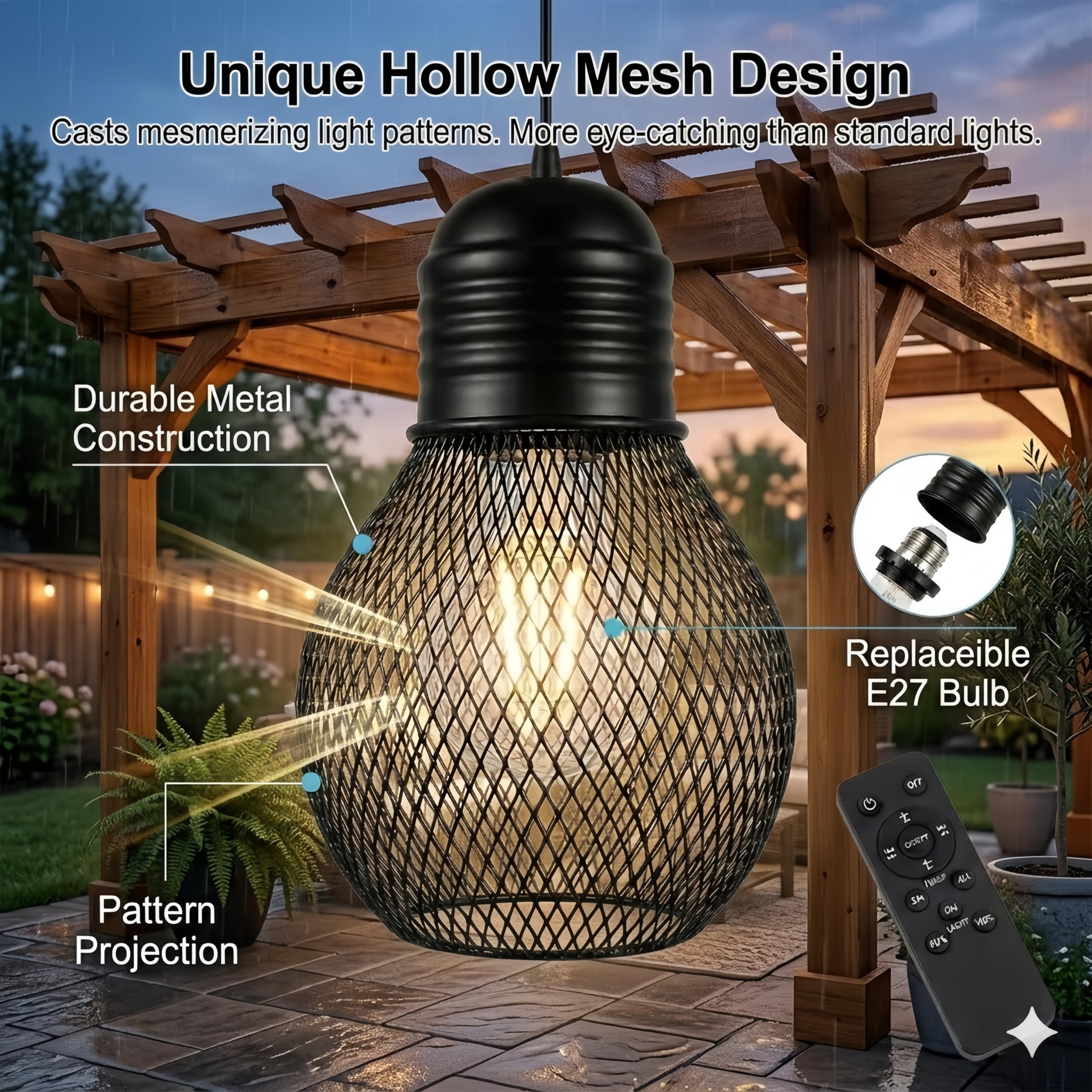 Lampada a sospensione a batteria con telecomando impermeabile, 4 batterie AA, per gazebo, pergolato, portico, patio, interno/esterno, nero