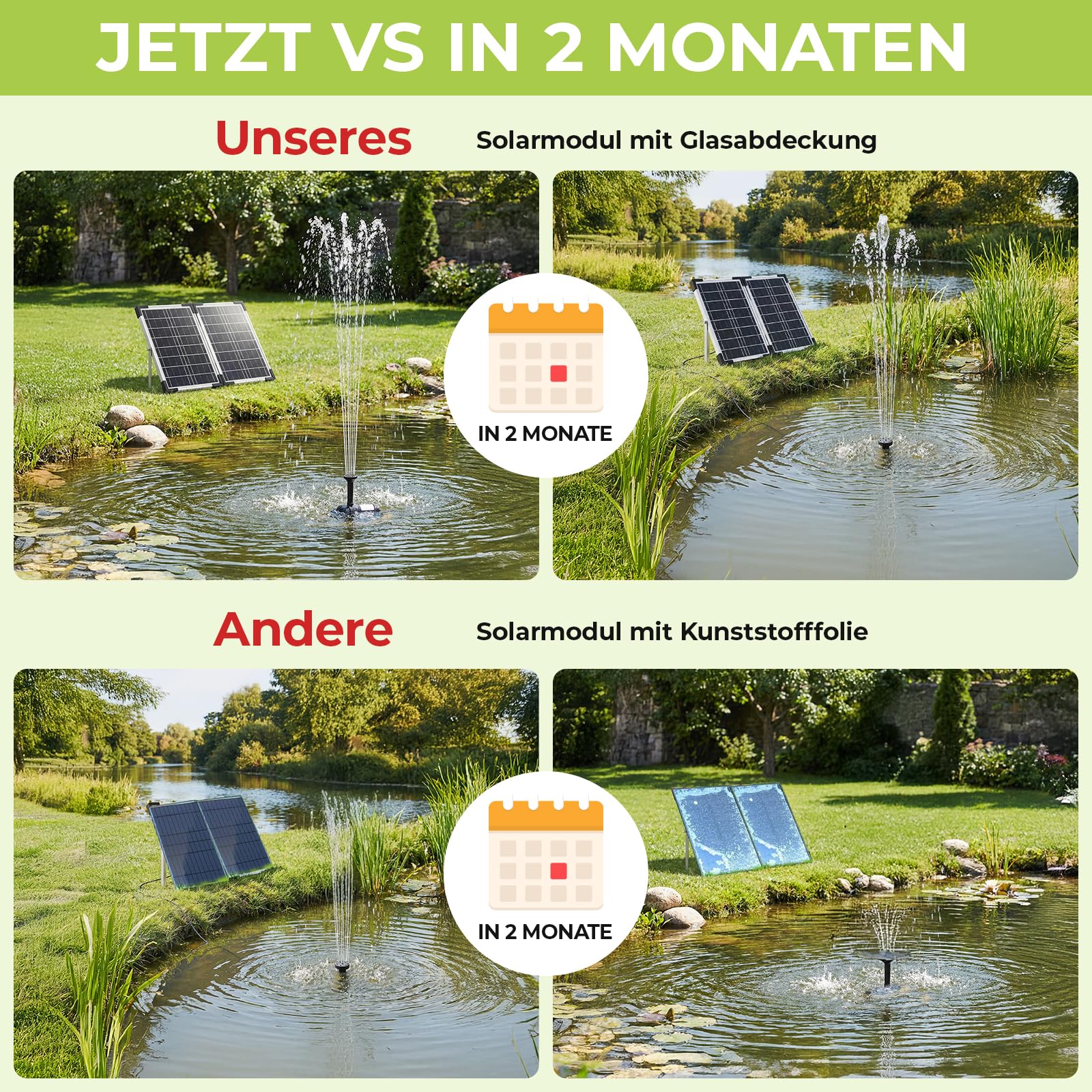 Clevich 20W Solar Springbrunnen für Außen, 230L/H Maximale180cm Höhe Teichpumpe Solar mit 4+4 Düsen & 2 Ersatzfilter, 1.5M Wasserleitung 5M Kabel DIY Mittelgroße Gartenteiche (5-10㎡),Vogelbad Brunnen
