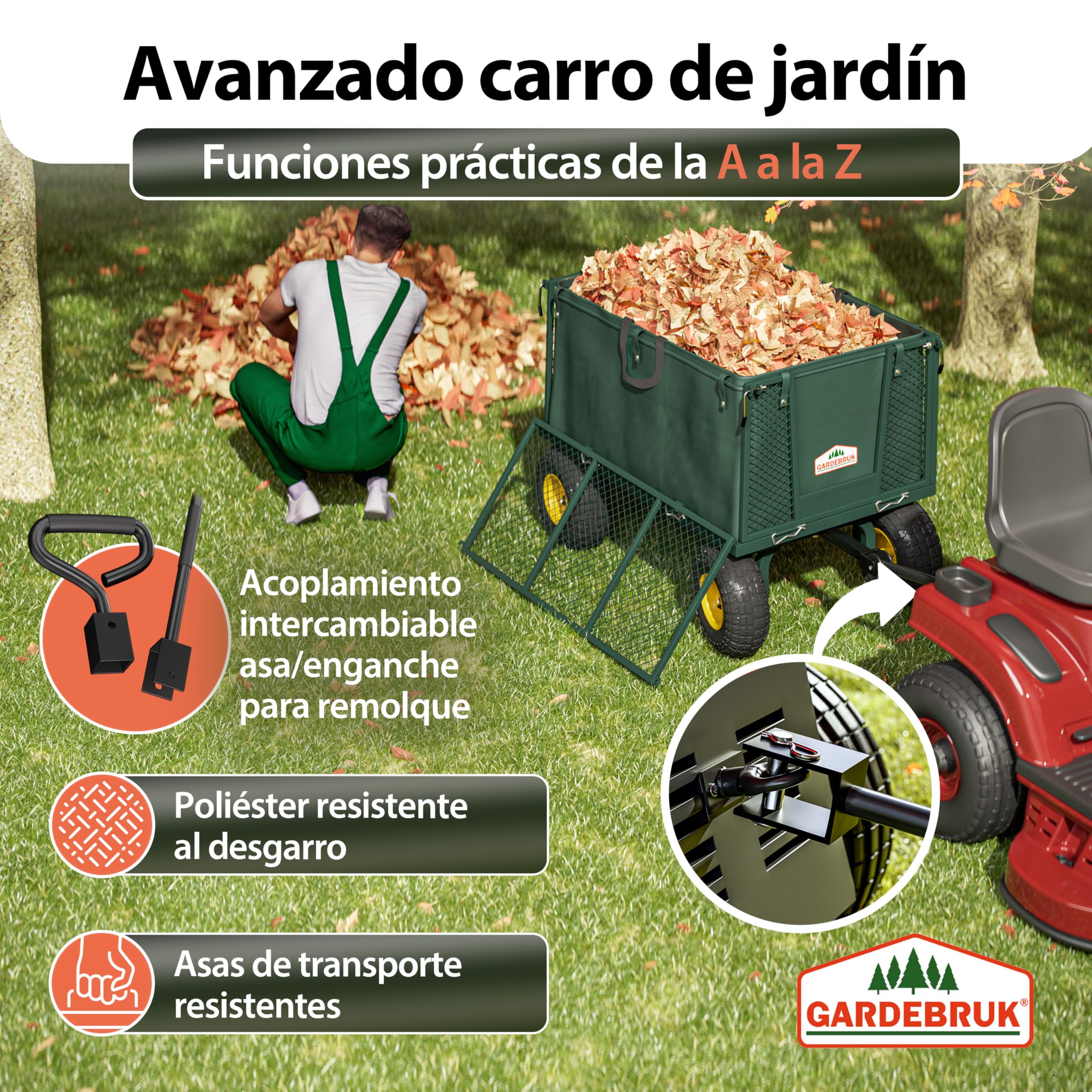 Gardebruk® Carro de Mano Jardín Capacidad Carga 550kg Plegable Lona Extraíble Laterales Desmontables 4 Ruedas Asa Antideslizante Carrito Transporte Obra
