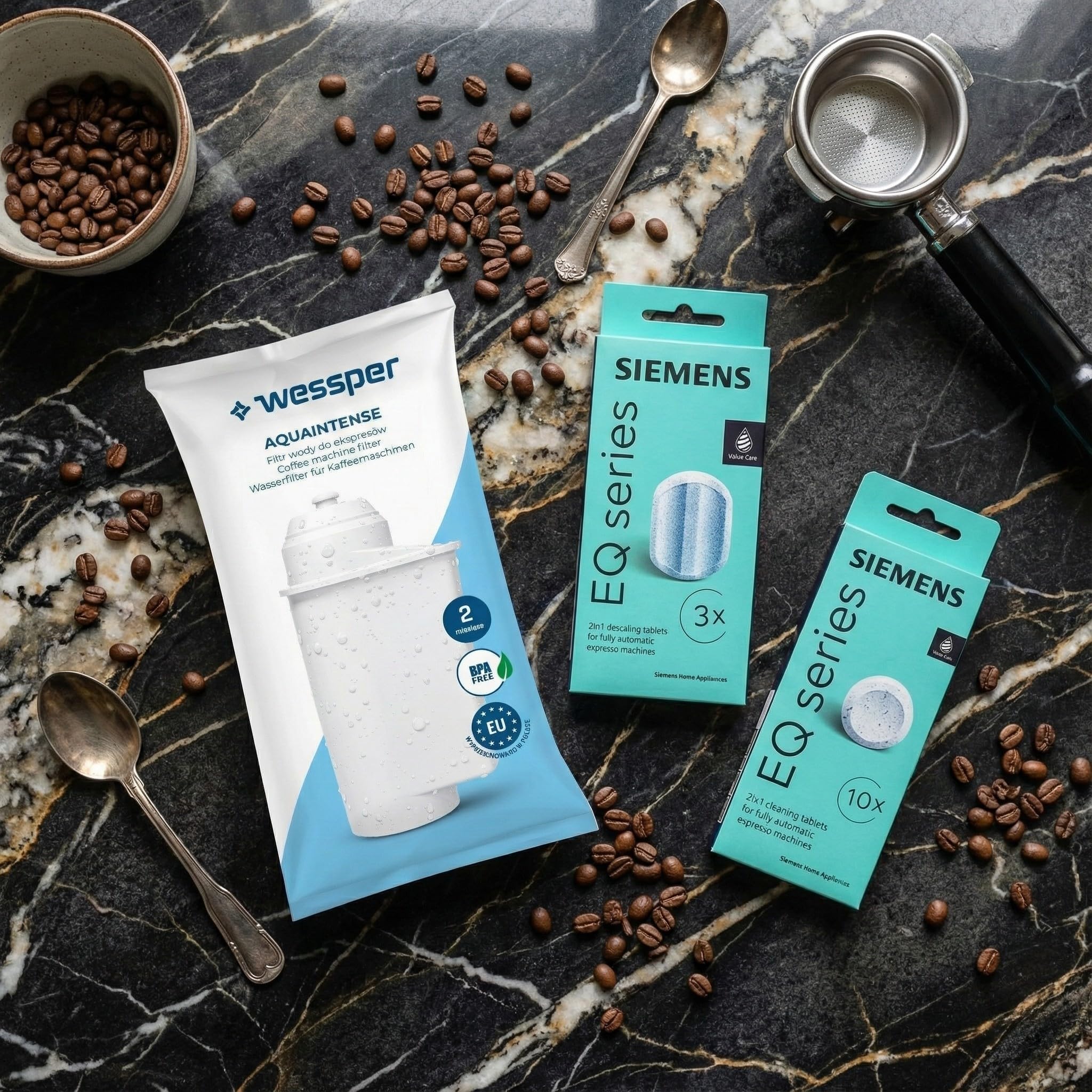 Kaffeeemaschinen-Reinigungsset - Siemens EQ-Serie, 10 Reinigungstabletten, 3 Entkalkungstabletten & 2 Wasserfilter Aqualntese, kompatibel mit Siemens Bosch TZ70003 TZ80001 TZ80002, Kaffee-Pflege, Wart