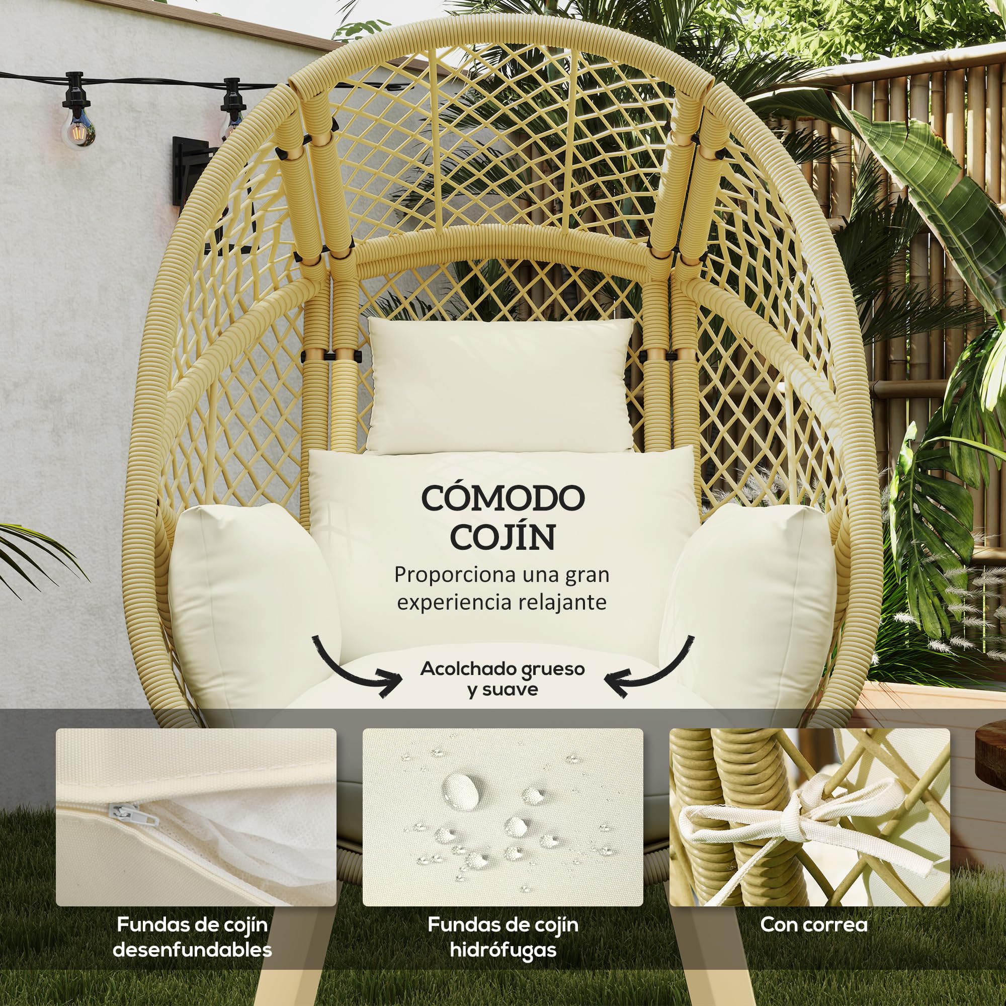 Outsunny Sillón de Ratán Sintético Silla de Terraza en Forma de Huevo con Reposacabezas Acolchado y Cojín Carga 160 kg para Jardín Balcón 88x85x143 cm Natural y Crema