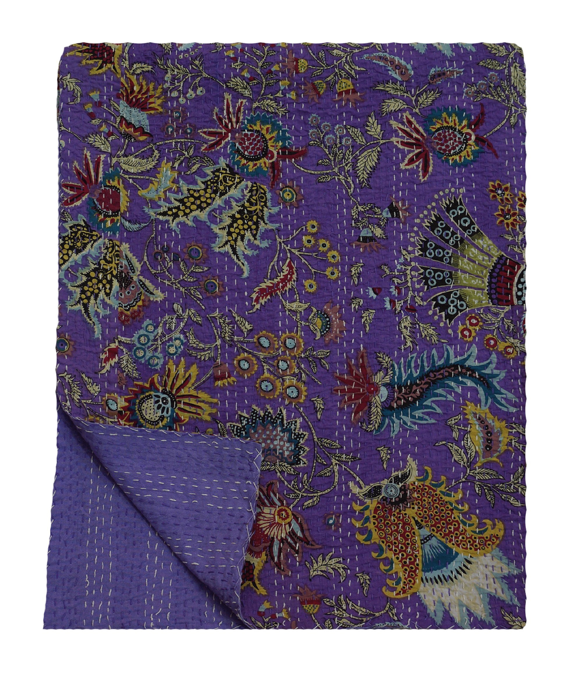 My Craft Palace Queen Size Bedspread Unique Kantha Stitched Blanket Unique Crown Print Purple Quilt