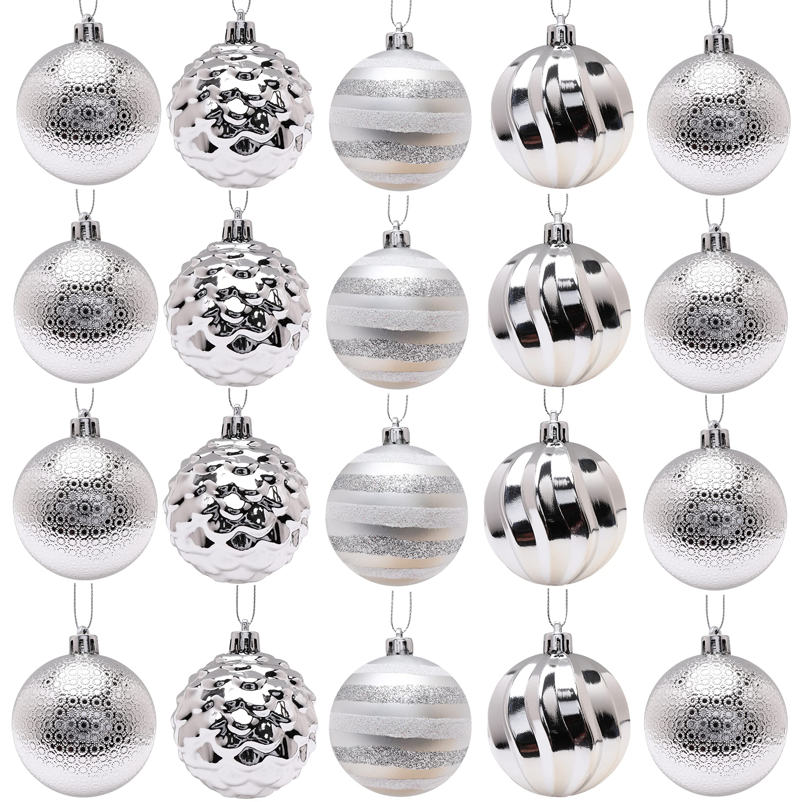 Toyland Silver Toyland® Pack Of 20-60Mm Assorted Luxury Christmas Tree Baubles - 5 Designs - Traditional Decorations (Silver)