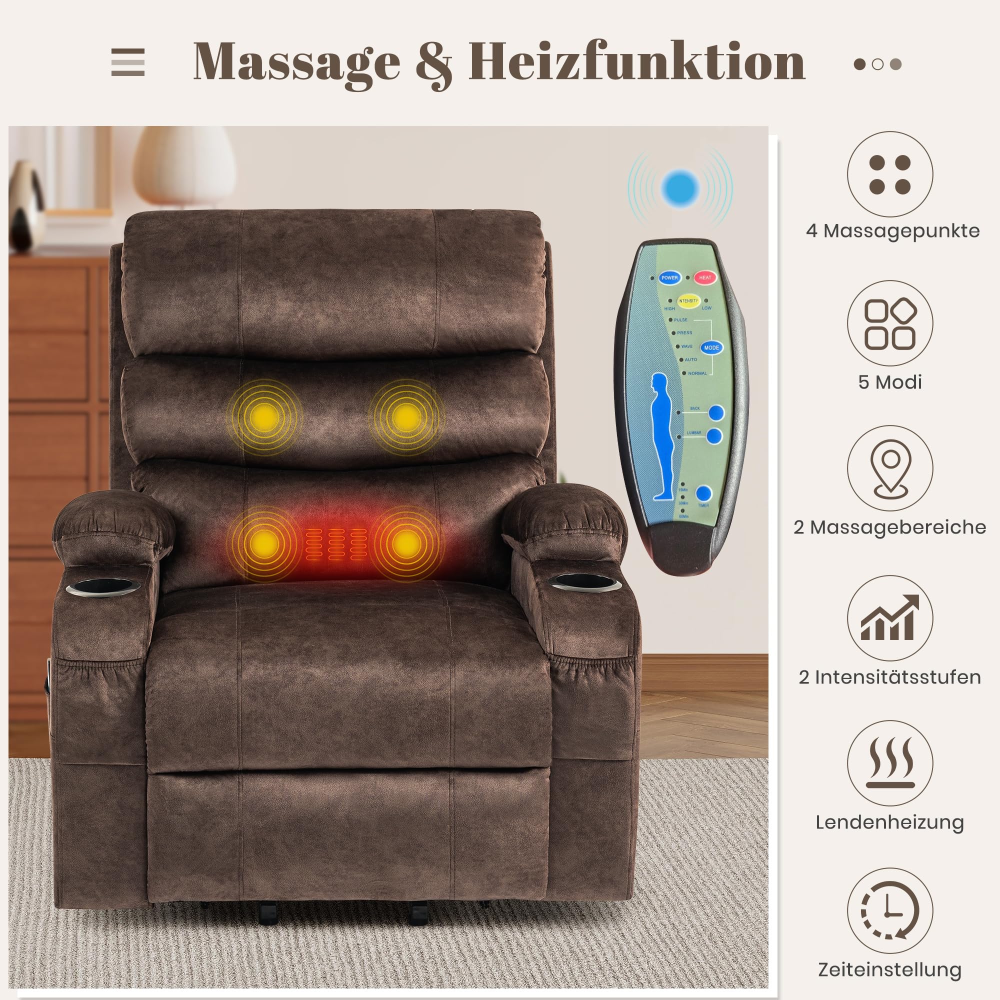 Elektrischer Aufstehsessel für Senioren, Relax- & Fernsehsessel mit Aufstehhilfe, stufenloser Liegefunktion, Massage & Heizfunktion, USB & Typ-C, Seitentaschen, Getränkehalter (Braun)