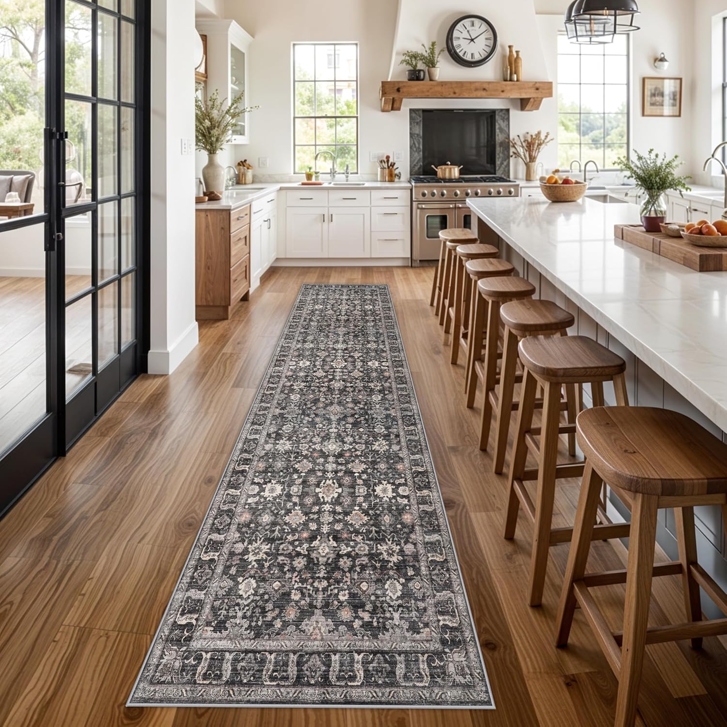 Black 3x12 Washable Runner Rug: 12ft Runners for Hallways Soft Non Slip Kitchen Rugs for Bedroom Bathroom Entryway - Stain Resistant Vintage Floral Carpet (Dark Black Gray, 3X12)