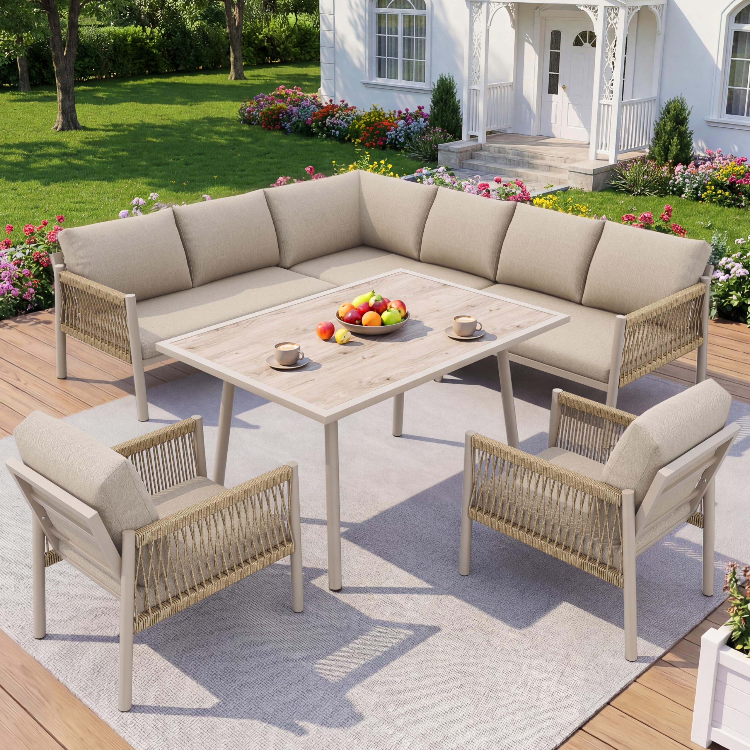 Gartenmöbel Set für 7-8 Personen,Gartenlounge-Set,1 Tisch mit Holzoptik-Glasplatte,2 Handgeflochtenen Sesseln,1 Sofa,Eisengestell,Inklusive Aller Kissen und Sitzkissen,für Garten und Terrasse (Beige) Garten