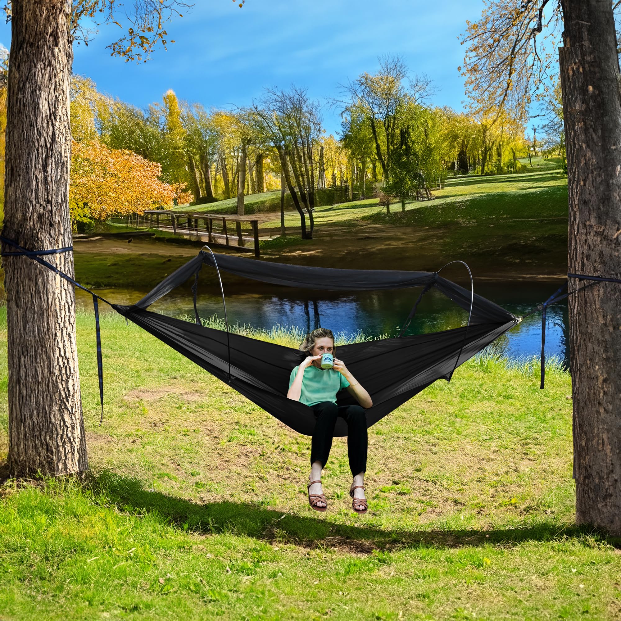 Hamaca ultraligera para acampar para 2 personas, hamaca portátil colgante de viaje de 600 libras, nailon de paracaídas duradero, fácil de instalar y empacar para mochileros, senderismo, patio 7