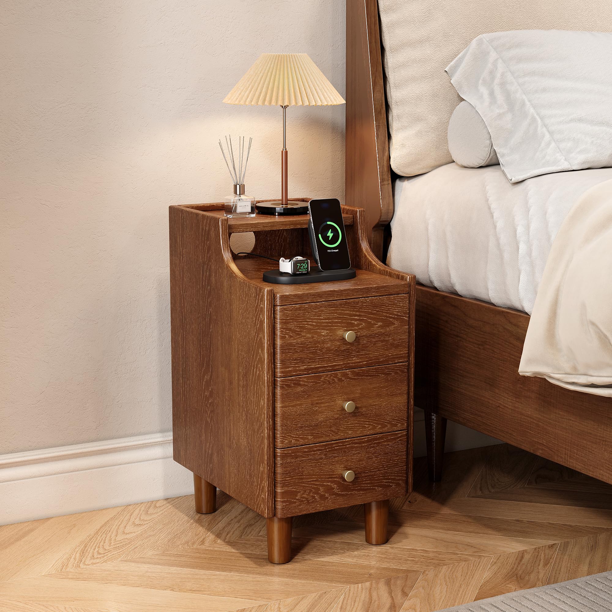 IUNVR Narrow Nightstand with 3 Drawers, Solid Wood Slim Bedside Table