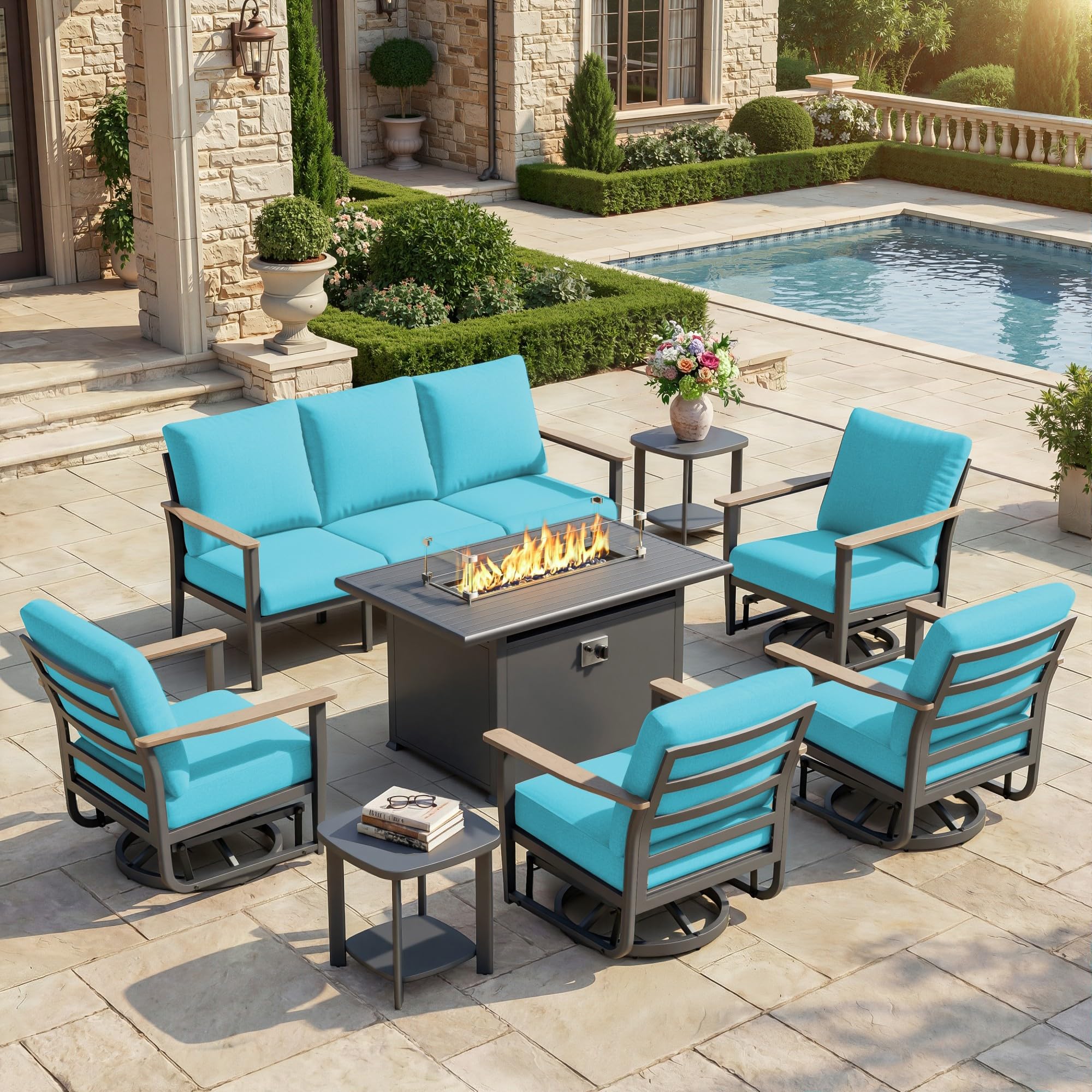 Sweecci Aluminum Outdoor Patio Furniture Set, 8-Piece Sectional Sofa with 5.1" Thick Cushions, 4 Swivel Rocking Chairs, 55,000 BTU Propane Fire Pit Table, Outdoor Couch for Backyard, Deck, Black