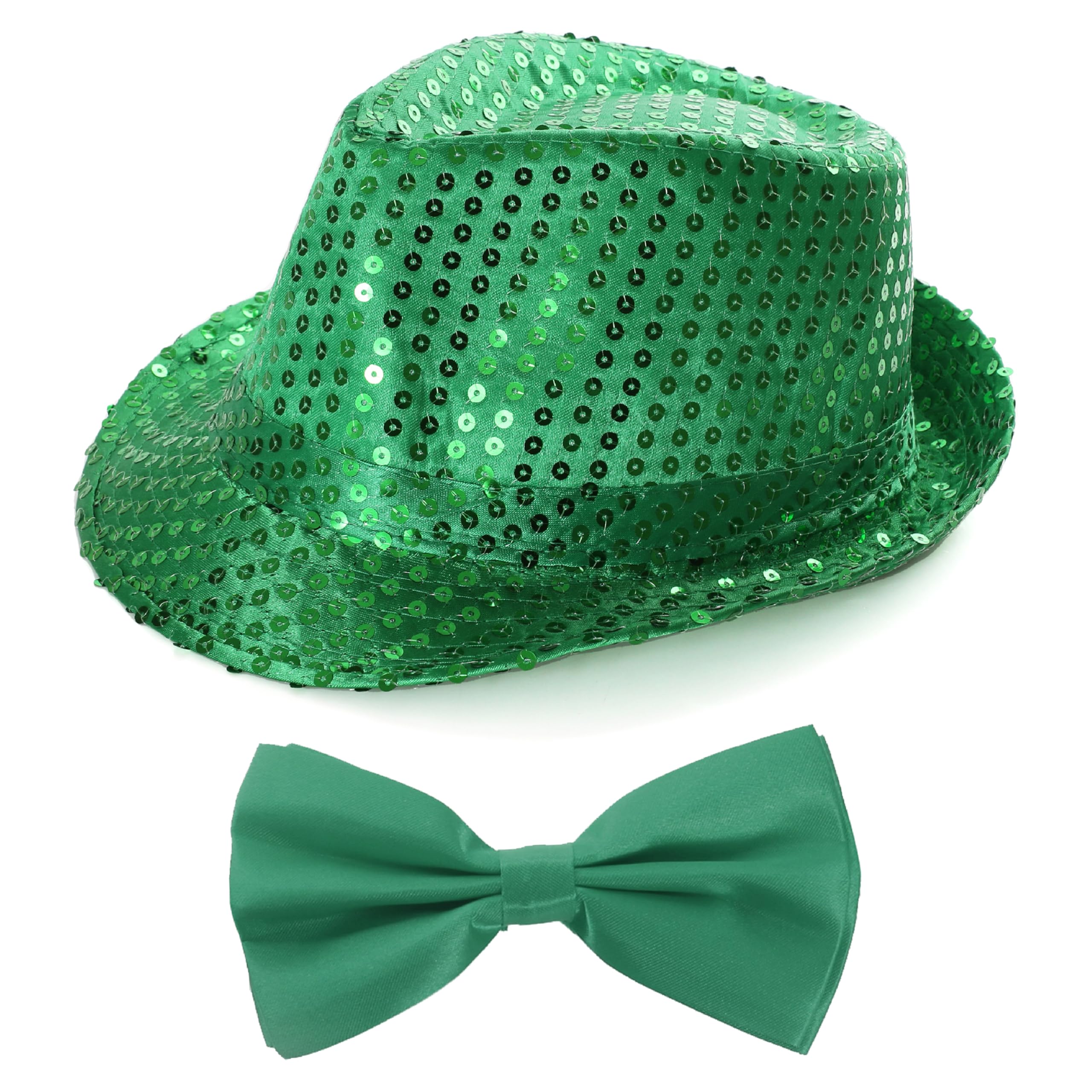St Patricks Day Green Sequin Fedora/trilby and Green Satin Bow Tie Set Perfect for Any Irish St Paddys Day Fancy Dress Party for Men and Women (Pack of 24)