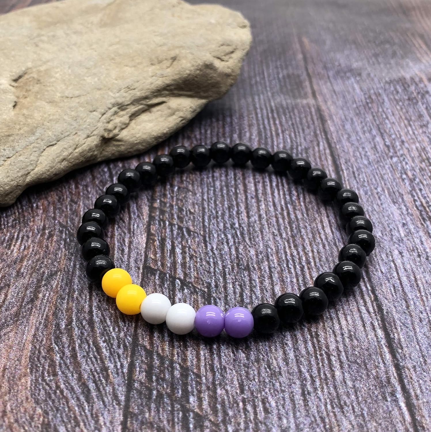 NON BINARY Flag Bead Bracelet - 6mm Yellow White Lavender and Black Acrylic Beads - Pride - Awareness - 7 inches