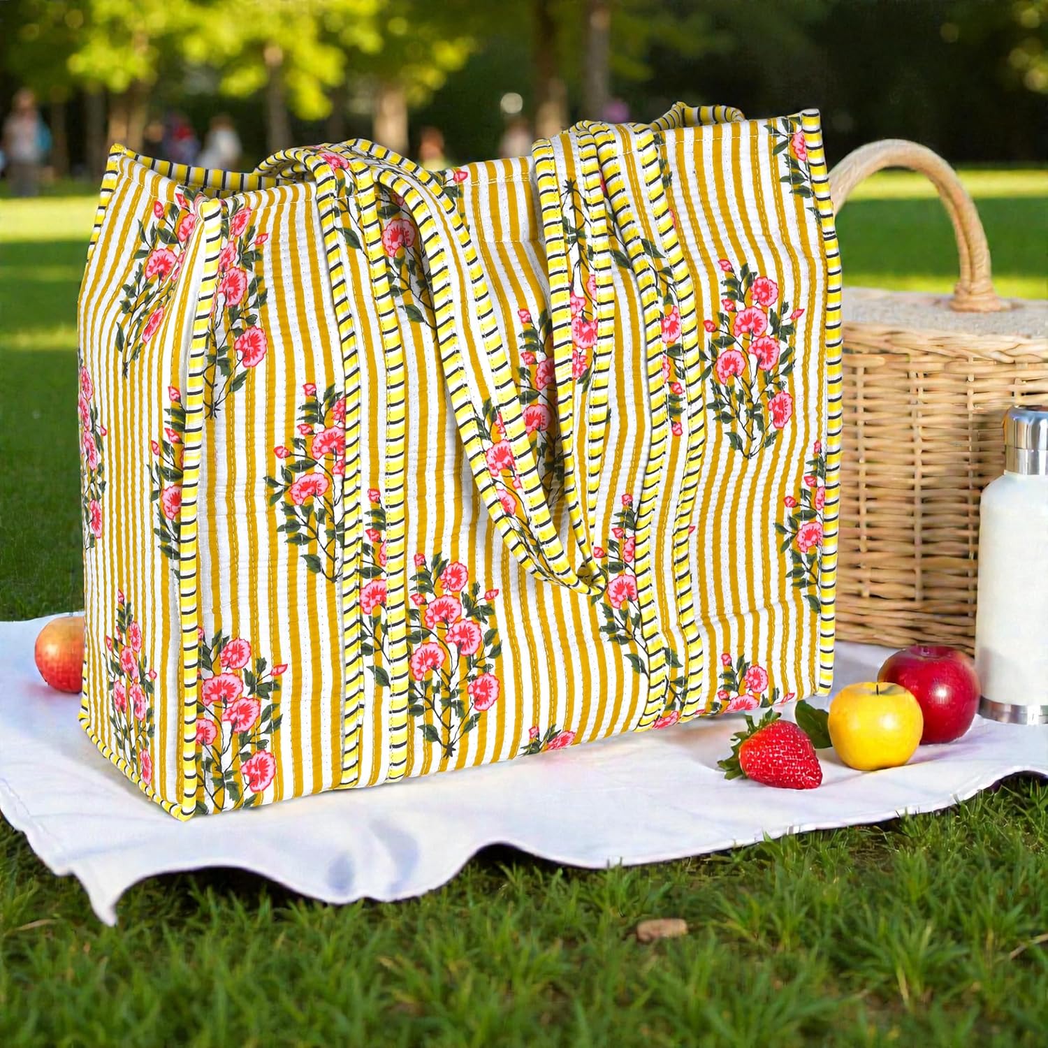 Quilted Tote Bag for Women – Large Size Block Print Cotton Shoulder Bag for Shopping Grocery Travel Work – Handmade Floral Tote Bags Reusable Quilted Beach Bags 16 × 13 × 6 inches | Large Capacity, Travel Bag, Shoulder Carry, Sturdy Handles, Farmer Market Bag
