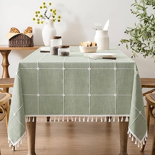 Miniatura 35 de ZeeMart - Mantel de mesa con diseño de cuadrícula boho y borlas (blanco roto, 132 cm x 132 cm), mantel de gran peso de lino a cuadros bordado